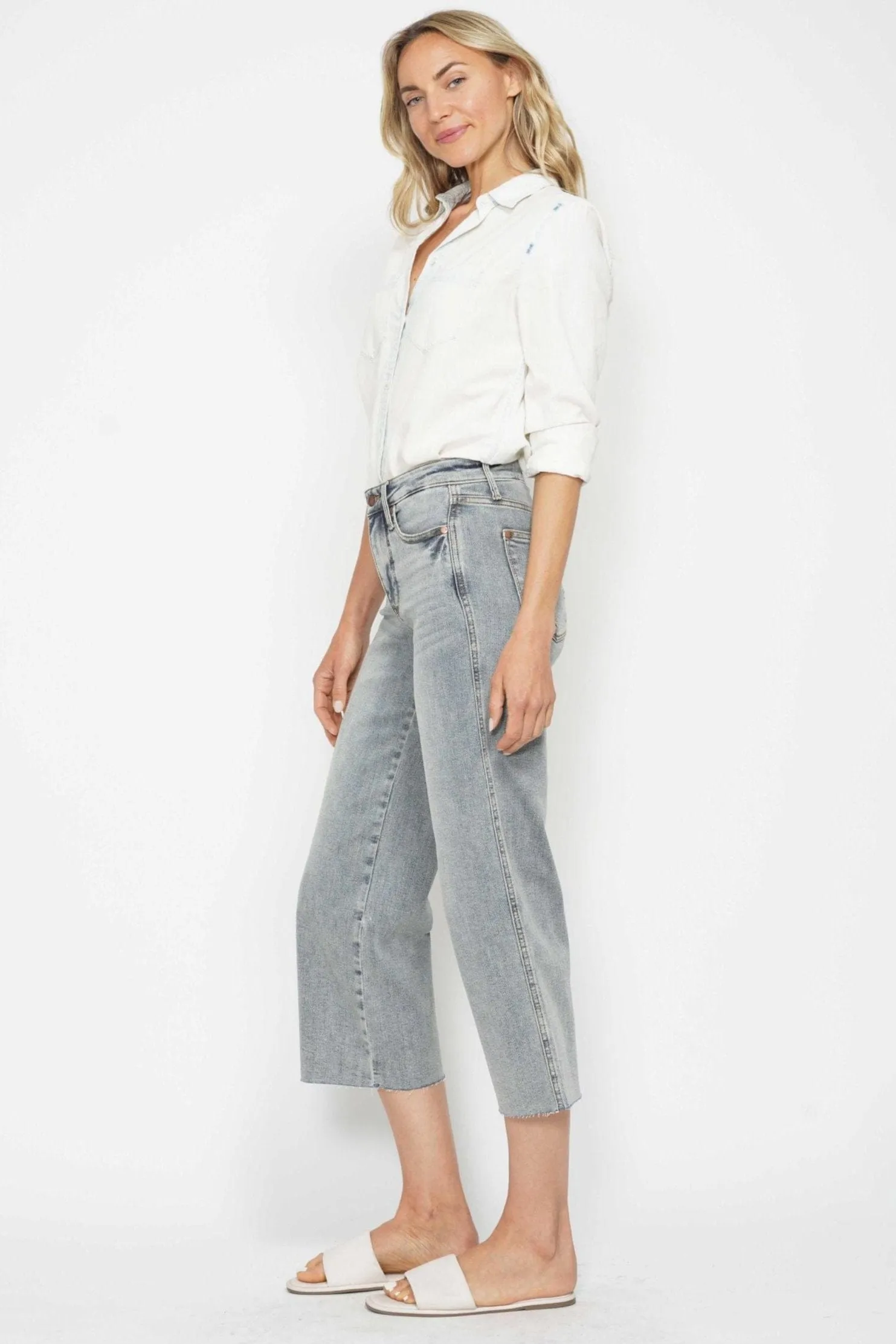 Judy Blue Mid Rise Tummy Control Raw Hem Cropped Wide Leg Jeans