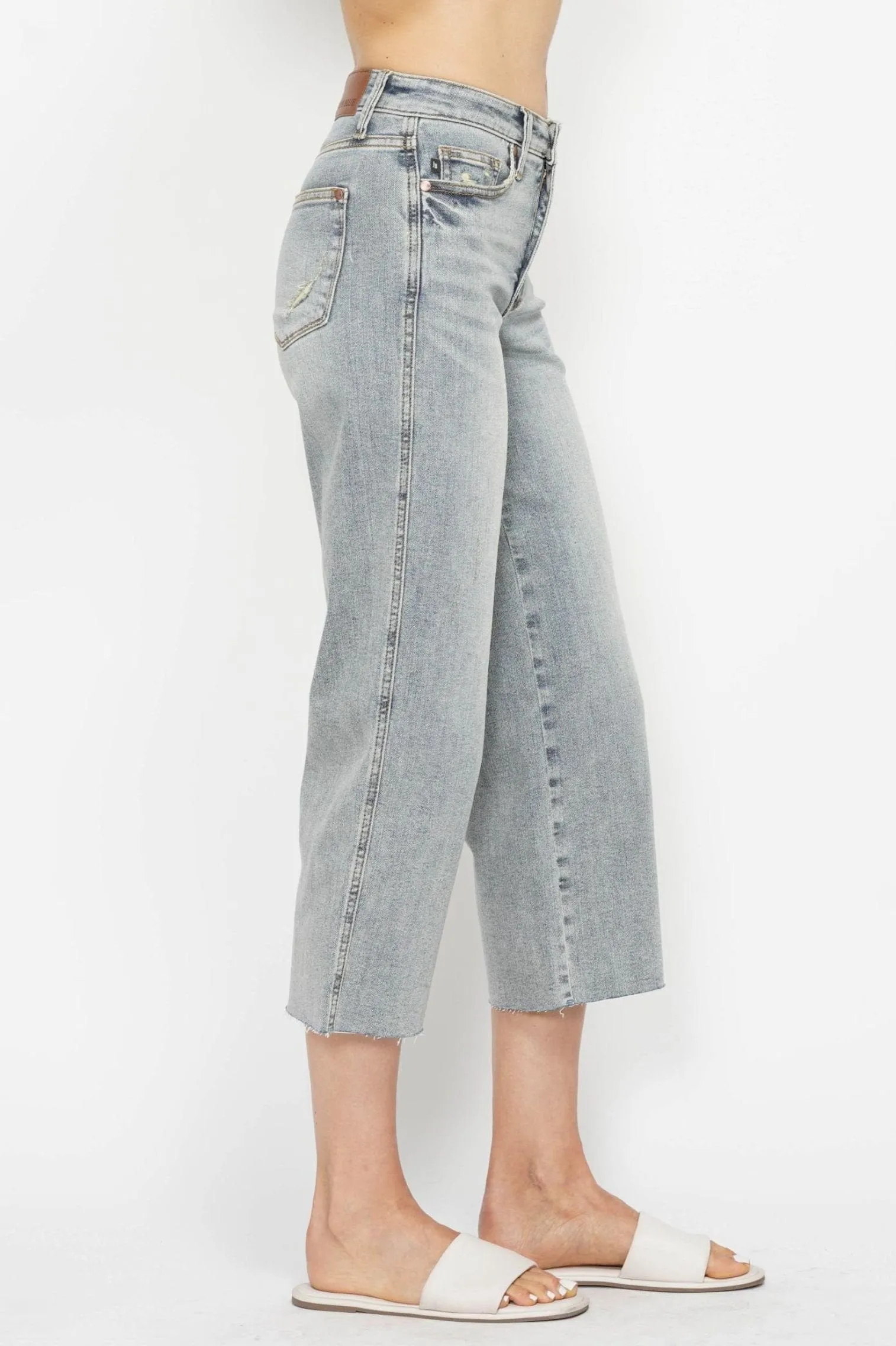 Judy Blue Mid Rise Tummy Control Raw Hem Cropped Wide Leg Jeans