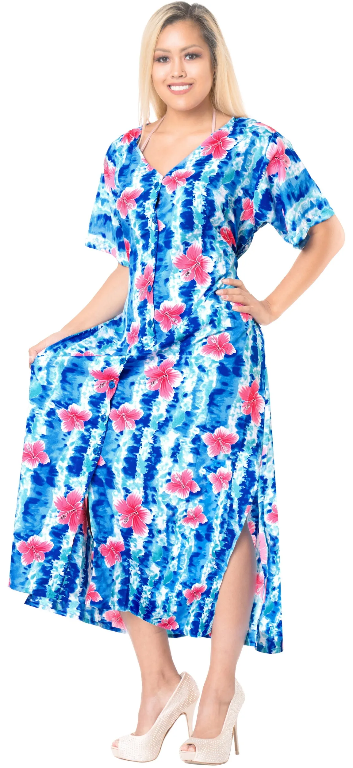La Leela Womens Floral Beach Cover up Button Closure Evening Dress MAXI Caftan B