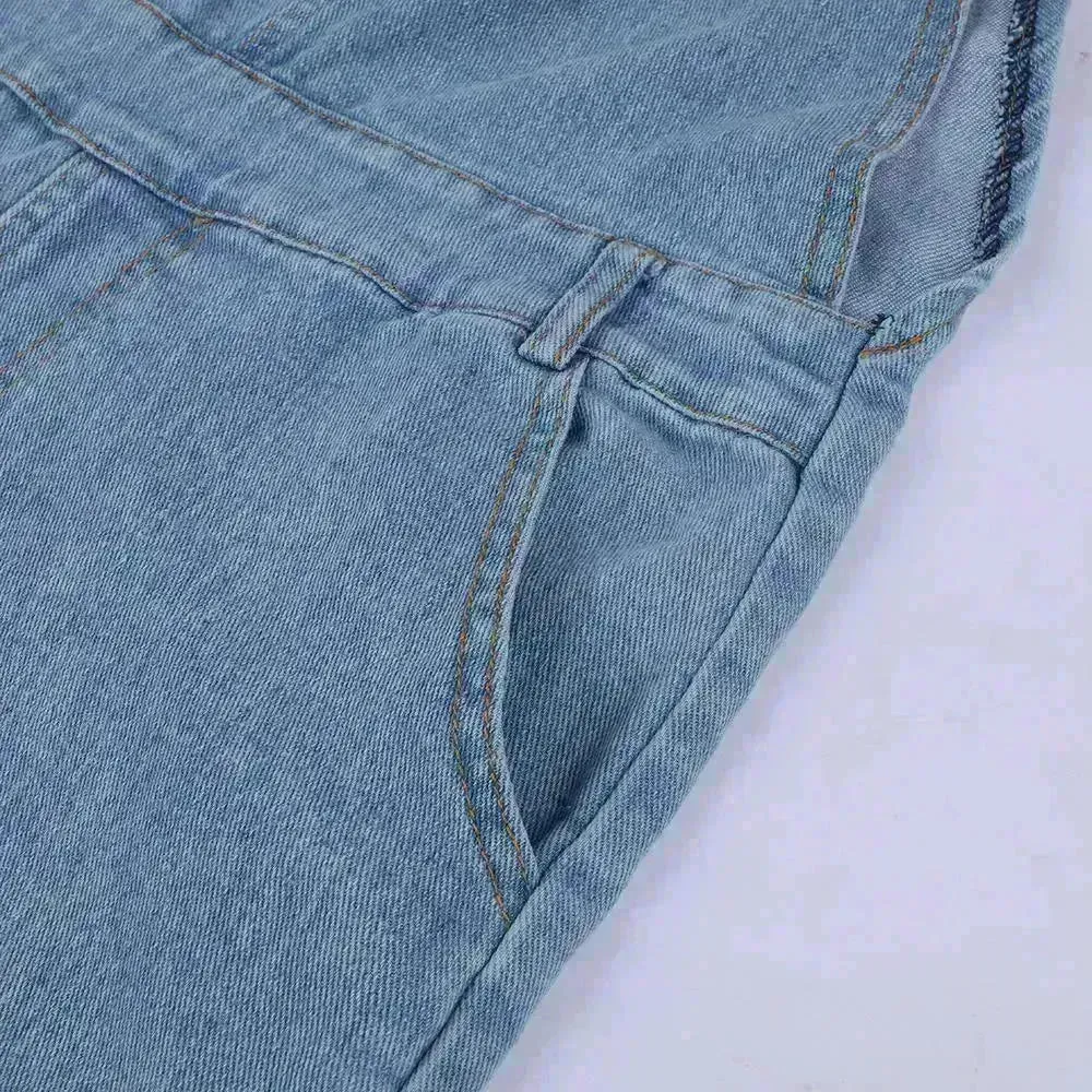 Ladies' Long Blue Denim Jeans Romper Jumpsuit With Straps