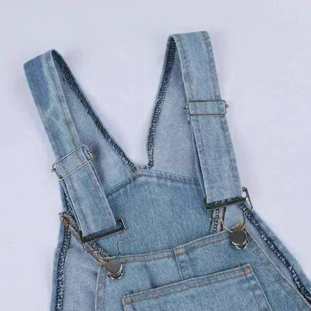 Ladies' Long Blue Denim Jeans Romper Jumpsuit With Straps