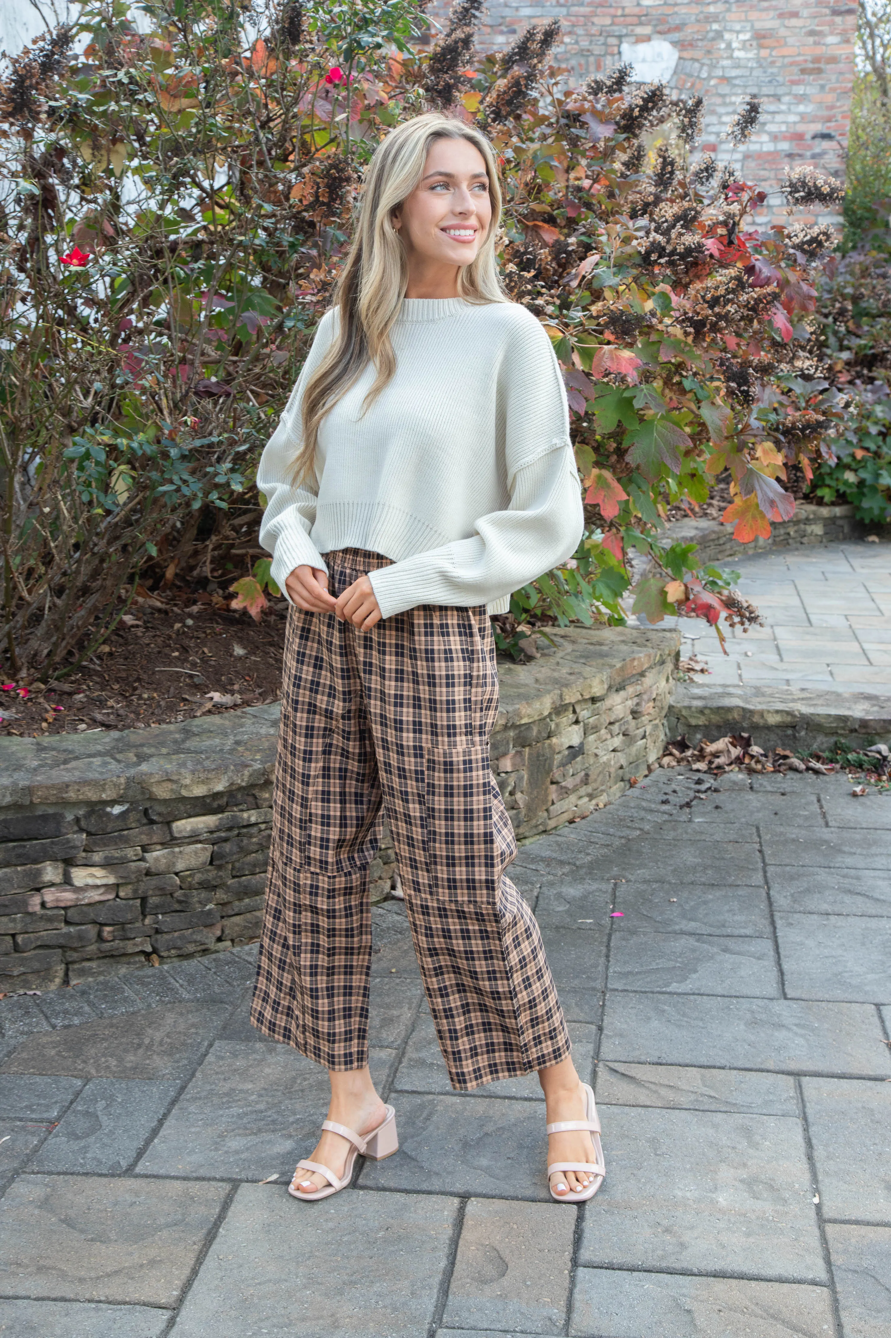 Liah Check Plaid Pants, Black/Camel
