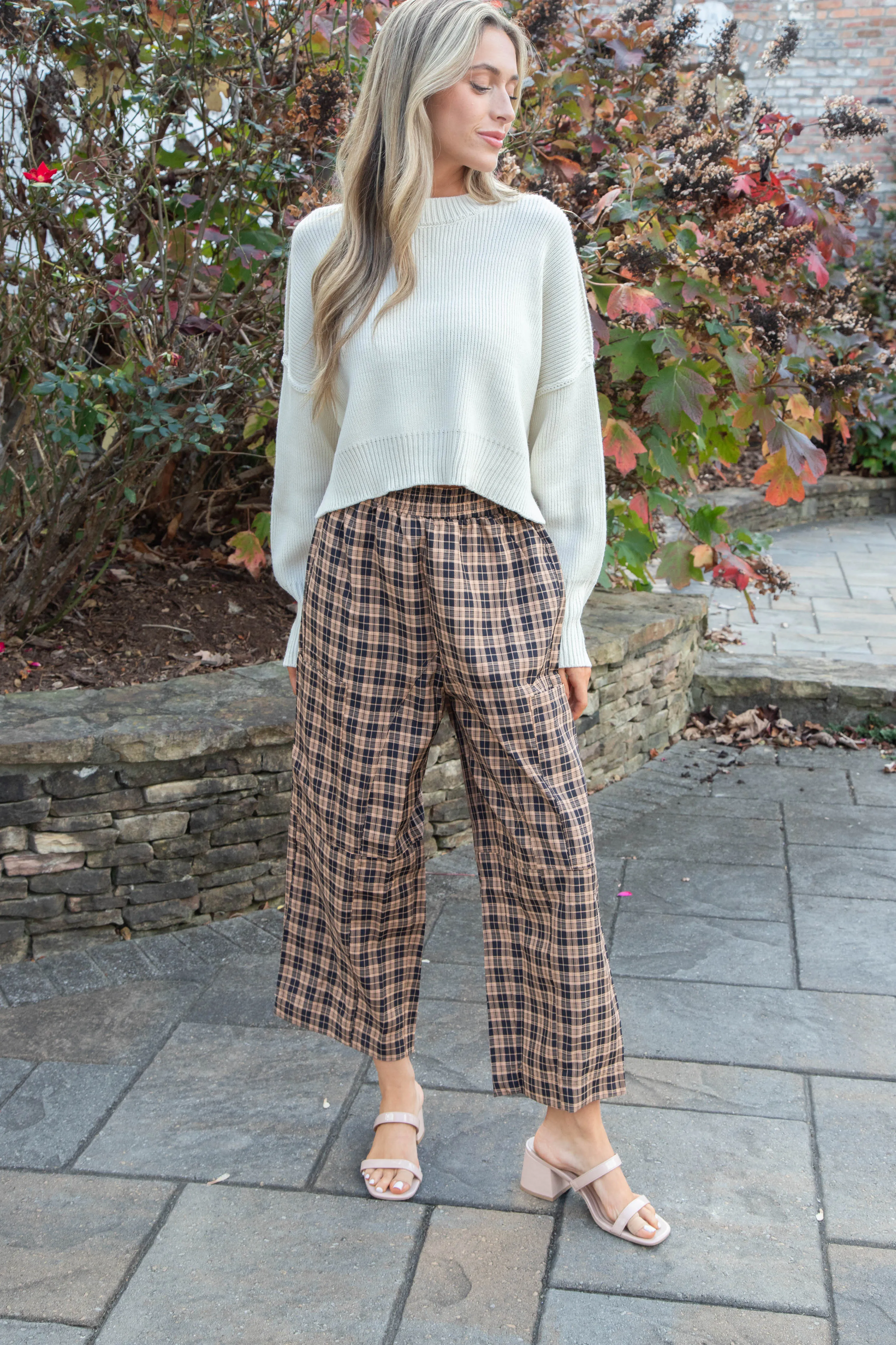 Liah Check Plaid Pants, Black/Camel