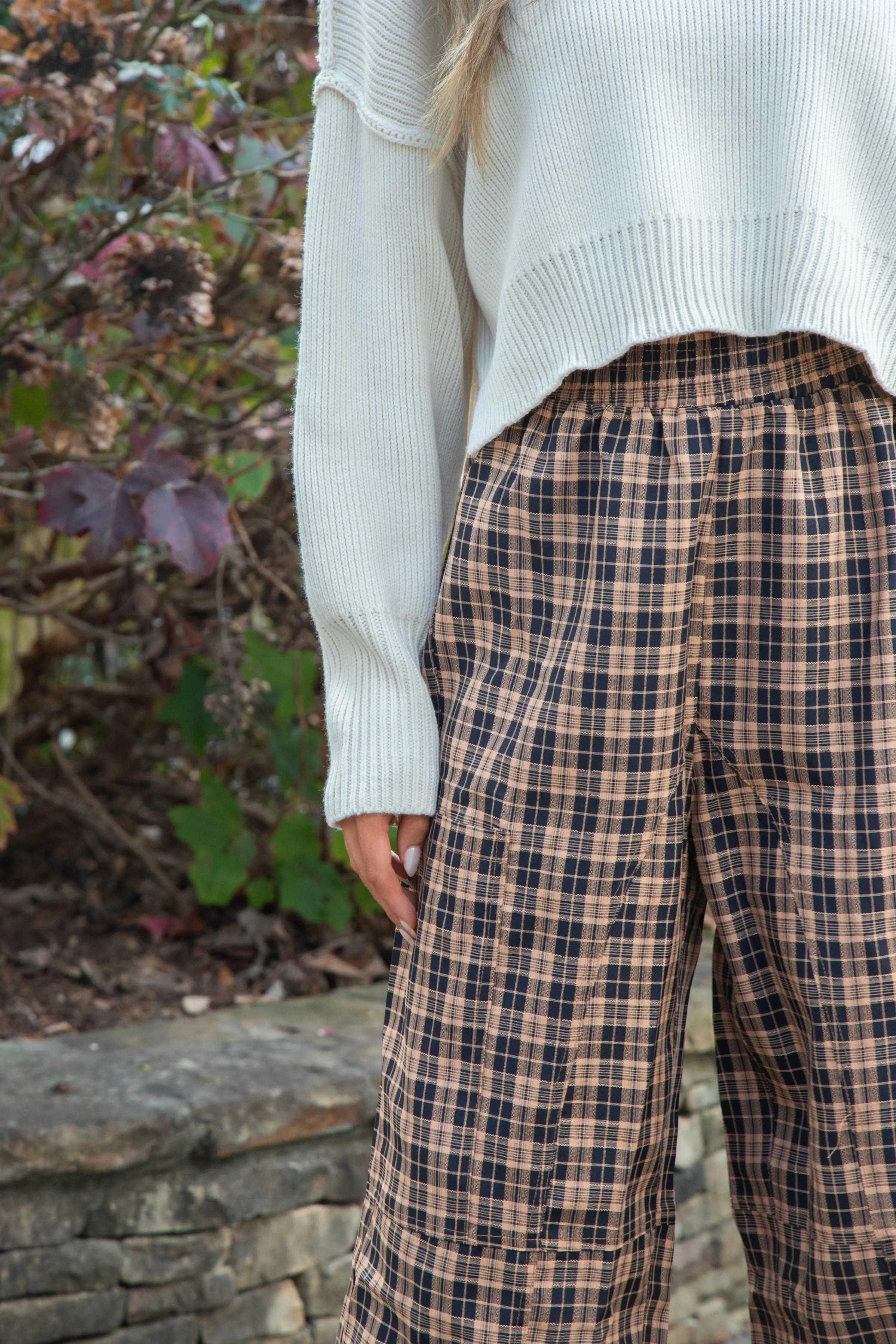 Liah Check Plaid Pants, Black/Camel