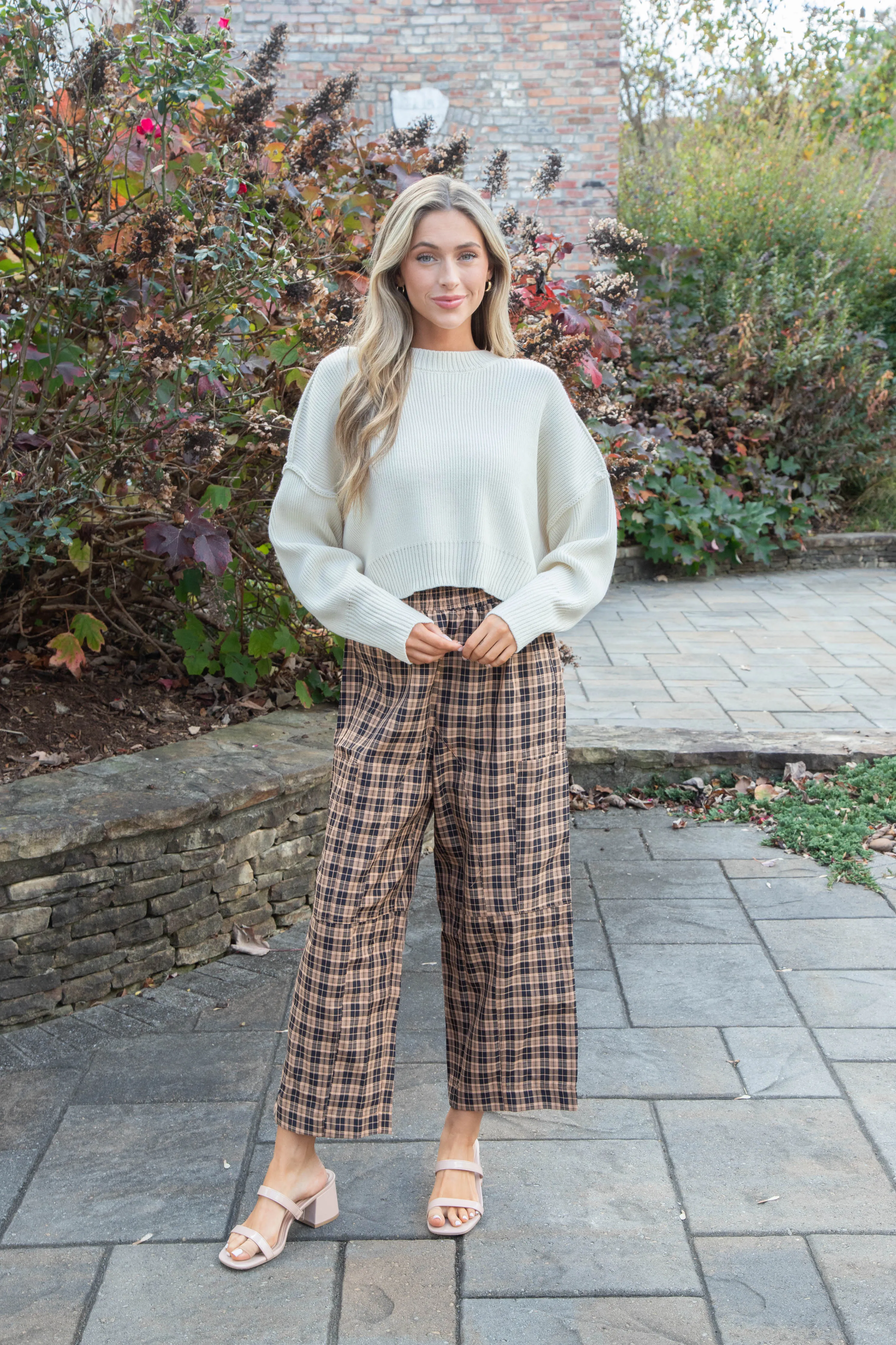 Liah Check Plaid Pants, Black/Camel