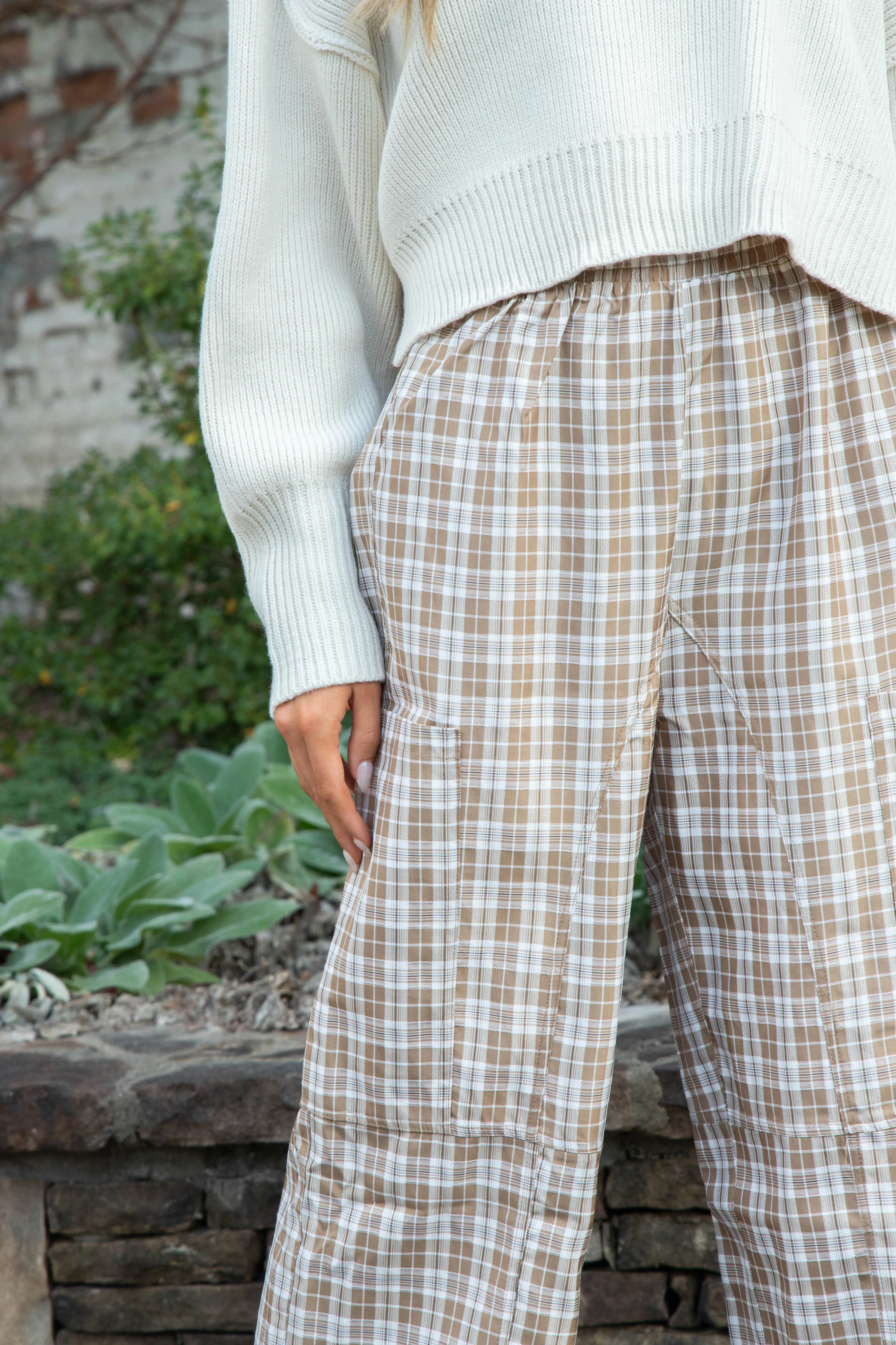 Liah Check Plaid Pants, Coffee/Ivory