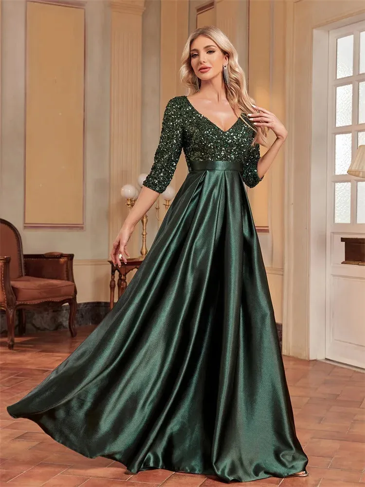 Lucyinlove Elegant Short sleeve Sequins Evening Dress 2024 Women Satin Prom Party Green Dress Floor Length Formal Cocktail Gown