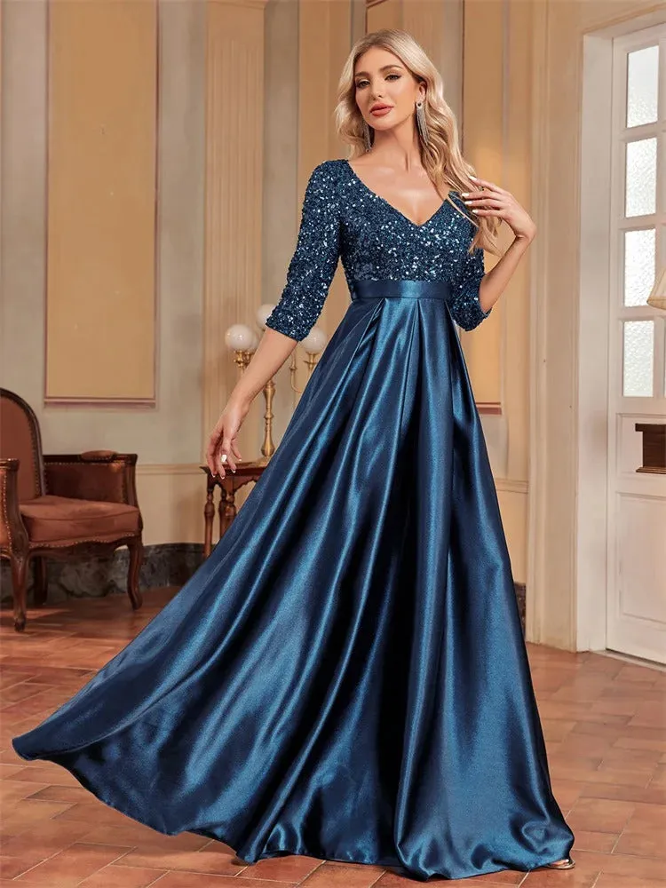 Lucyinlove Elegant Short sleeve Sequins Evening Dress 2024 Women Satin Prom Party Green Dress Floor Length Formal Cocktail Gown