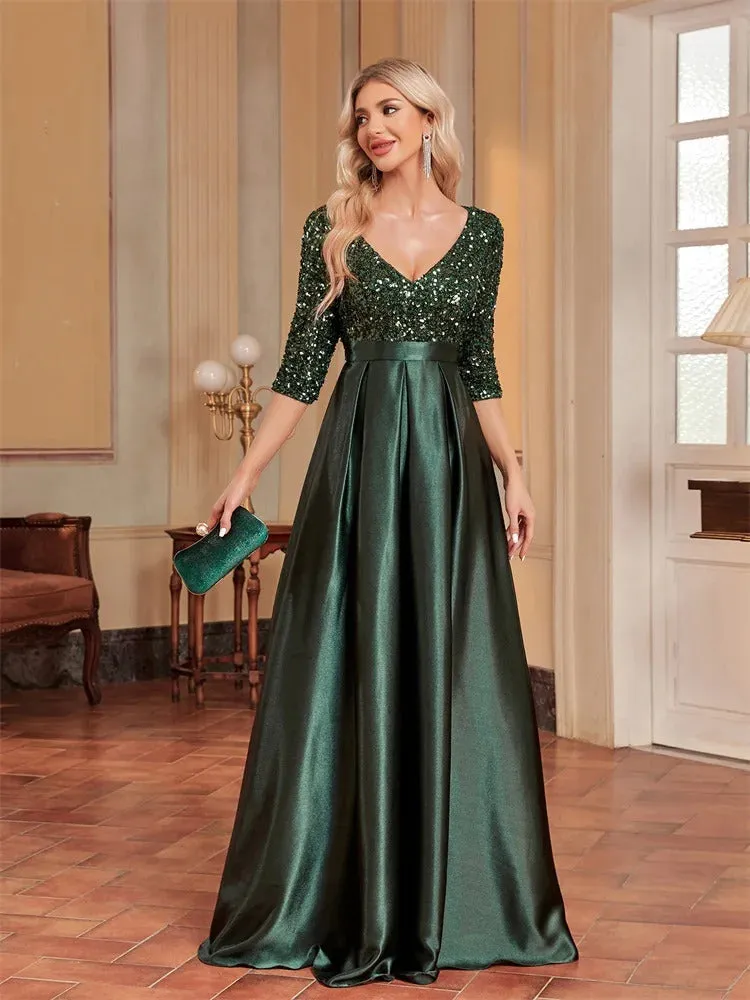 Lucyinlove Elegant Short sleeve Sequins Evening Dress 2024 Women Satin Prom Party Green Dress Floor Length Formal Cocktail Gown