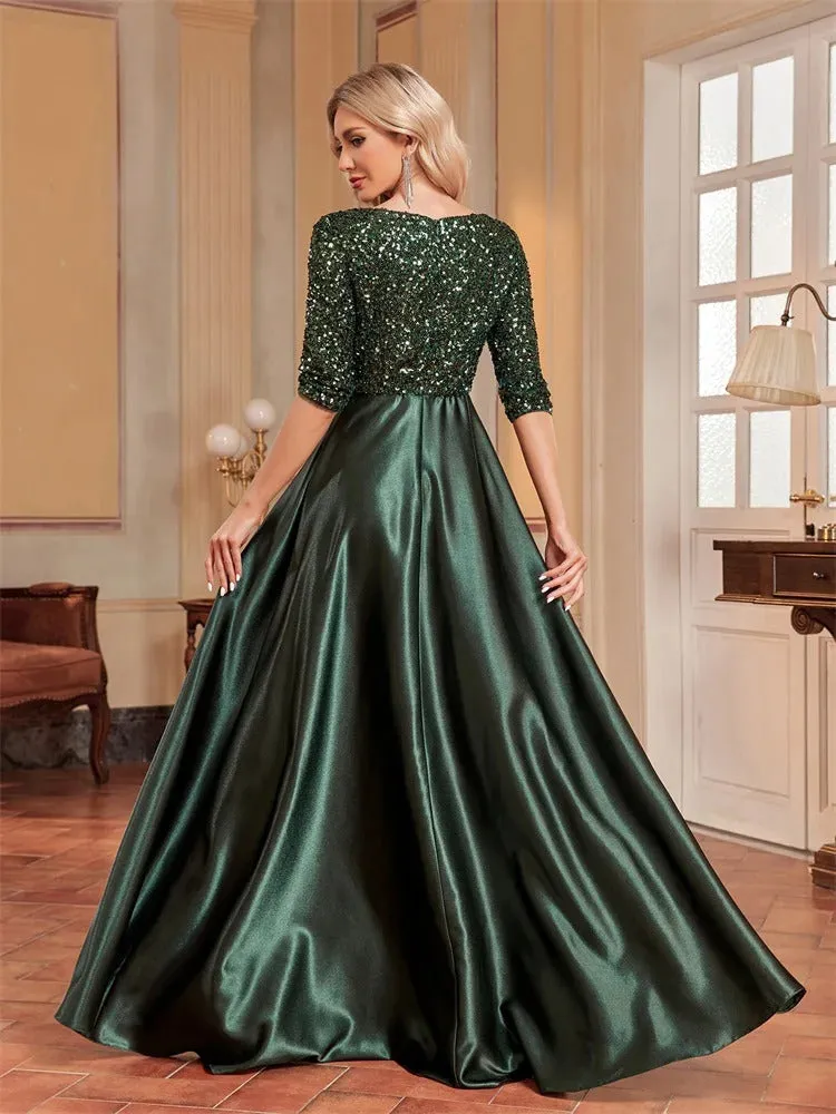 Lucyinlove Elegant Short sleeve Sequins Evening Dress 2024 Women Satin Prom Party Green Dress Floor Length Formal Cocktail Gown