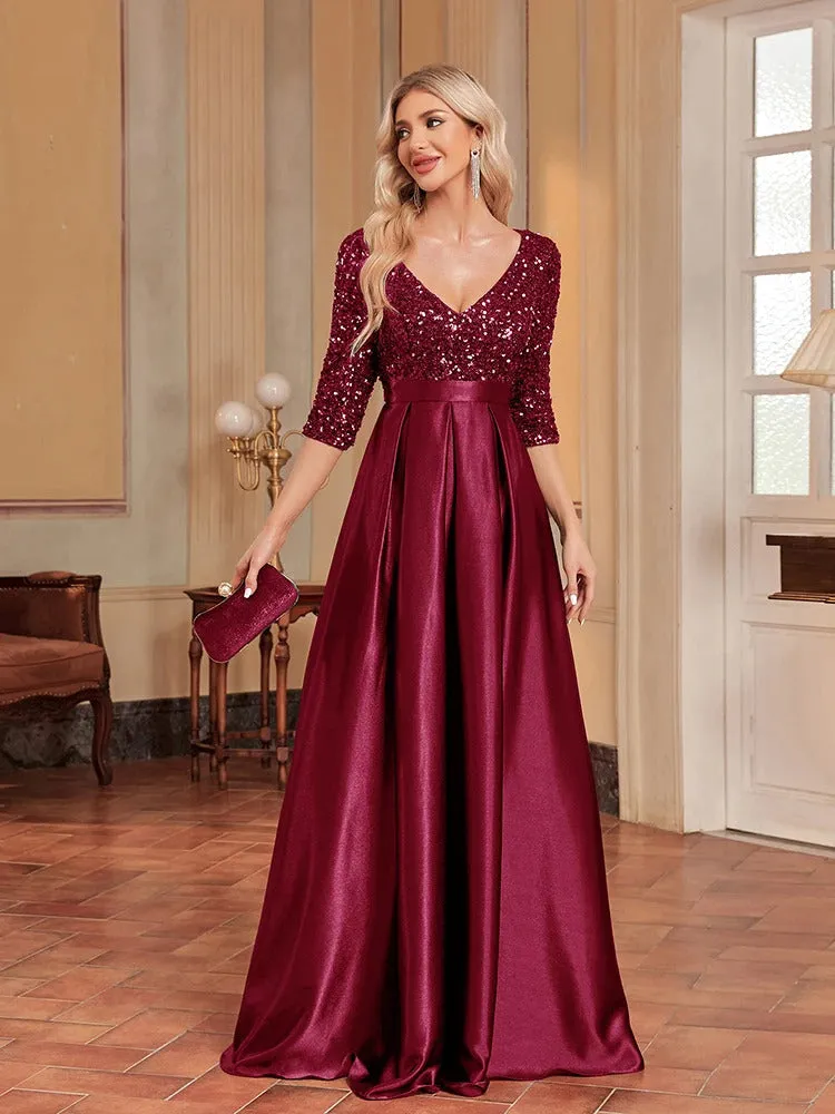Lucyinlove Elegant Short sleeve Sequins Evening Dress 2024 Women Satin Prom Party Green Dress Floor Length Formal Cocktail Gown