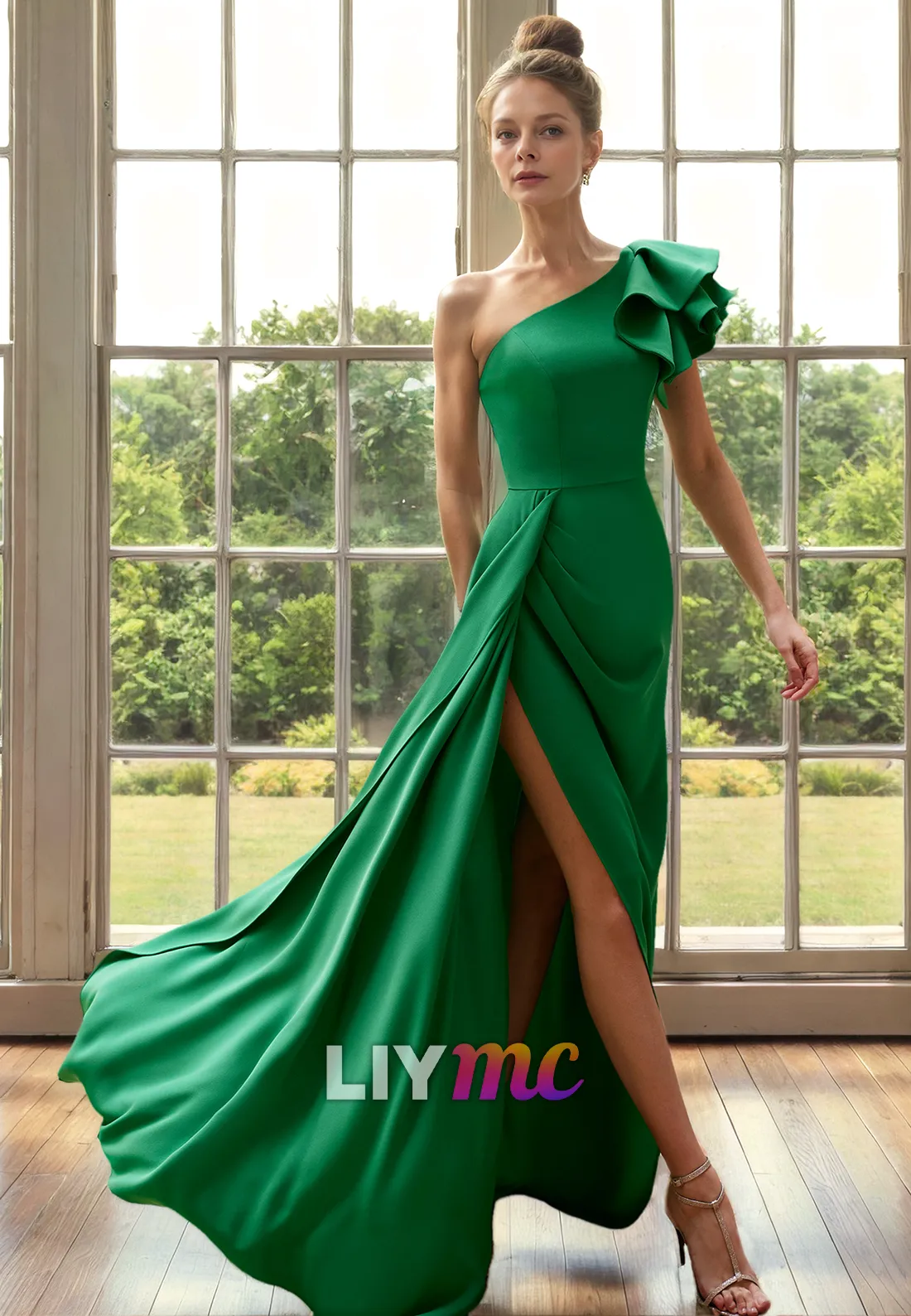M1258 - Asymmetrical Ruffled Pleated Sleek Satin High Slit Mother of Bride Dress Cocktail Dresss