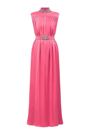 Mendoza Pleated High Neck Poly Silk Floor Length Dress