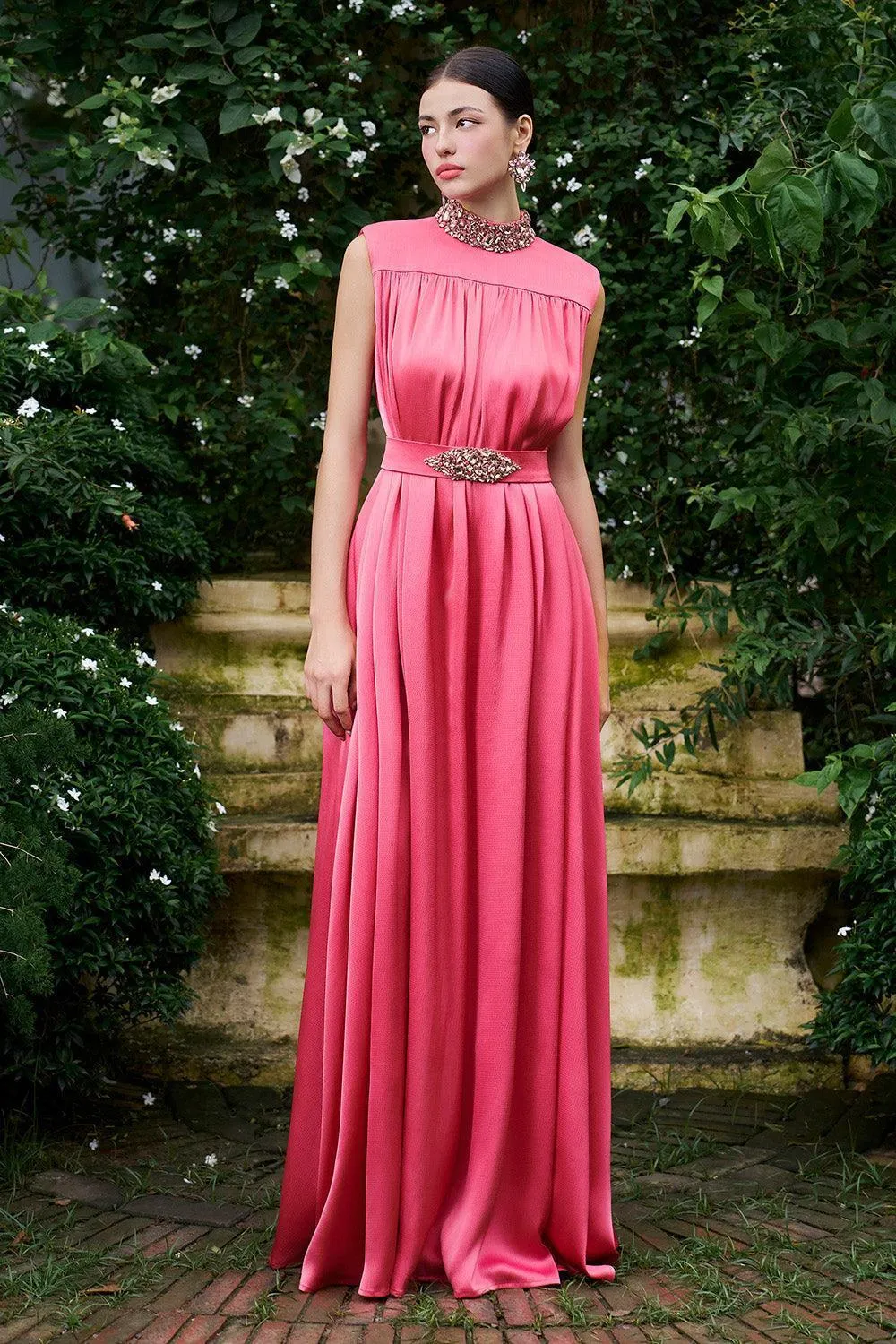 Mendoza Pleated High Neck Poly Silk Floor Length Dress