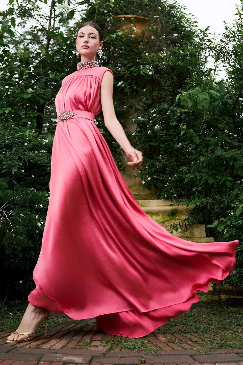 Mendoza Pleated High Neck Poly Silk Floor Length Dress