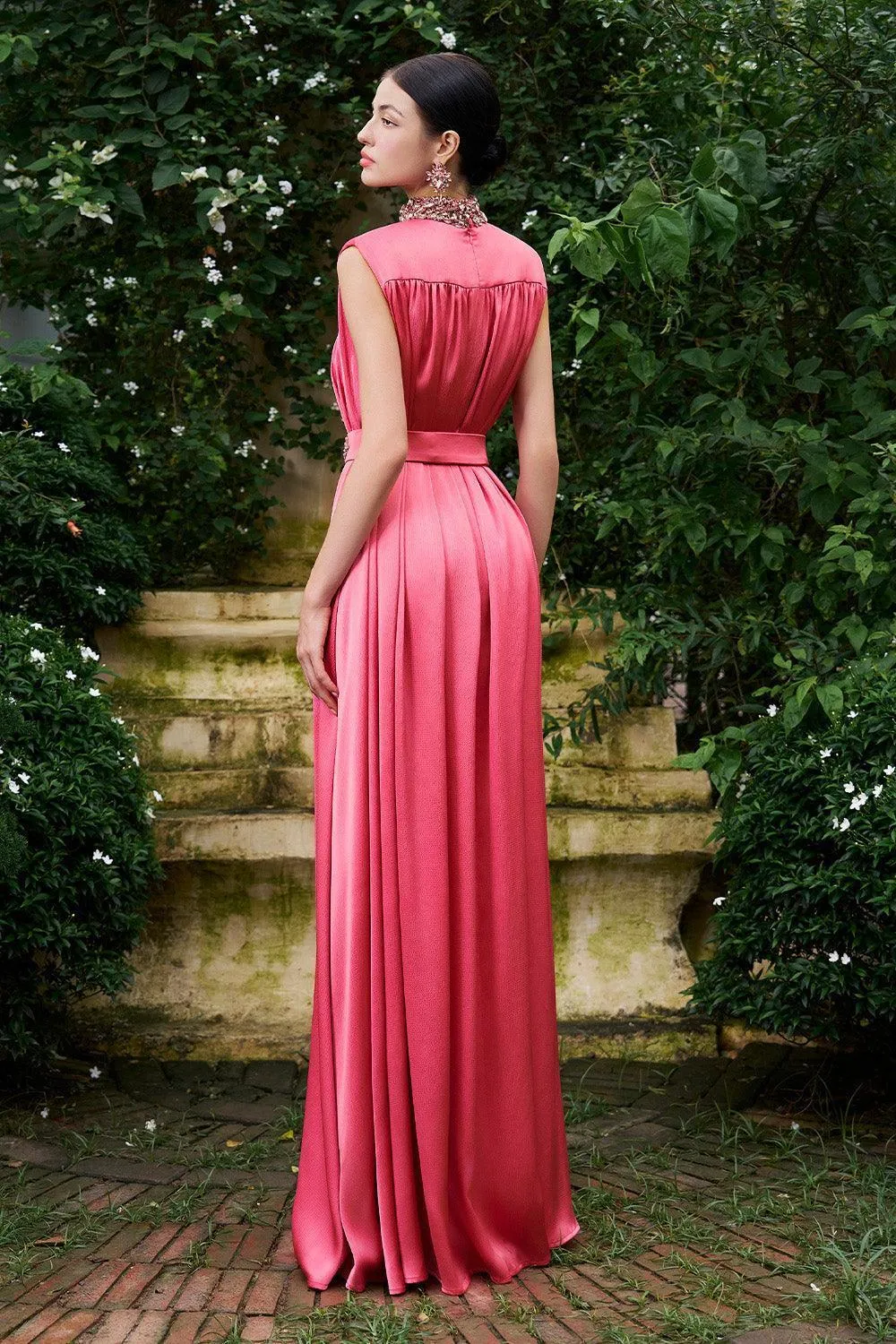 Mendoza Pleated High Neck Poly Silk Floor Length Dress