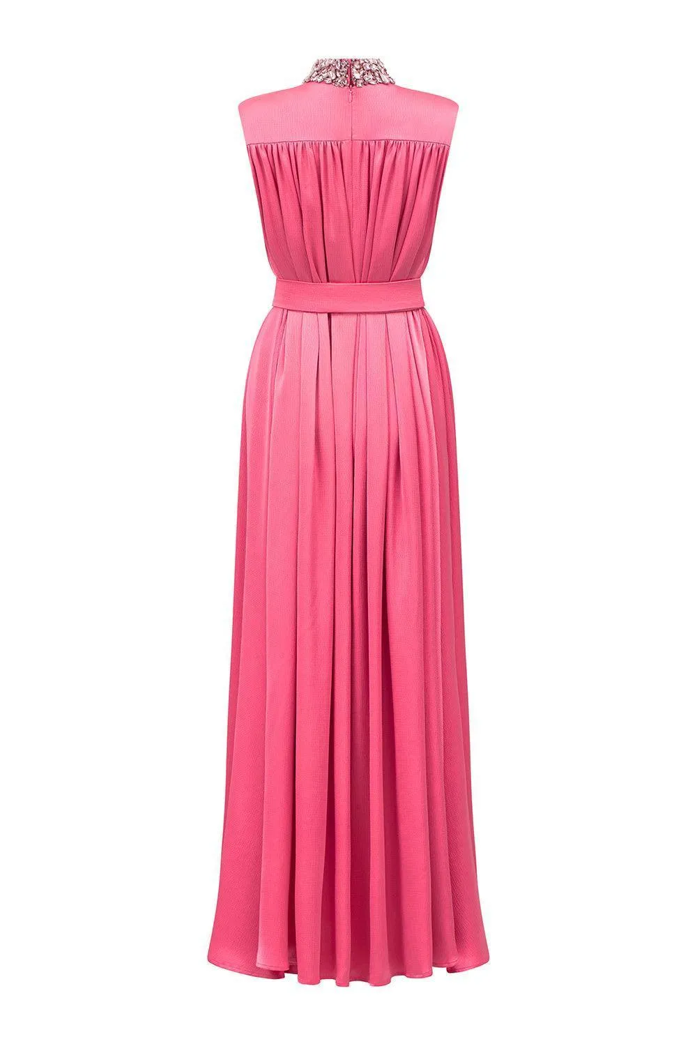 Mendoza Pleated High Neck Poly Silk Floor Length Dress