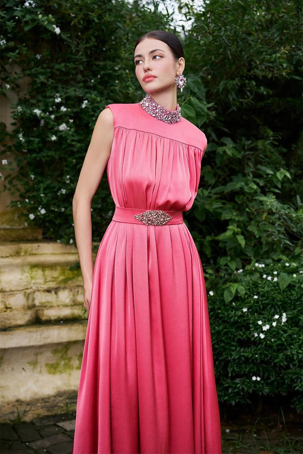 Mendoza Pleated High Neck Poly Silk Floor Length Dress
