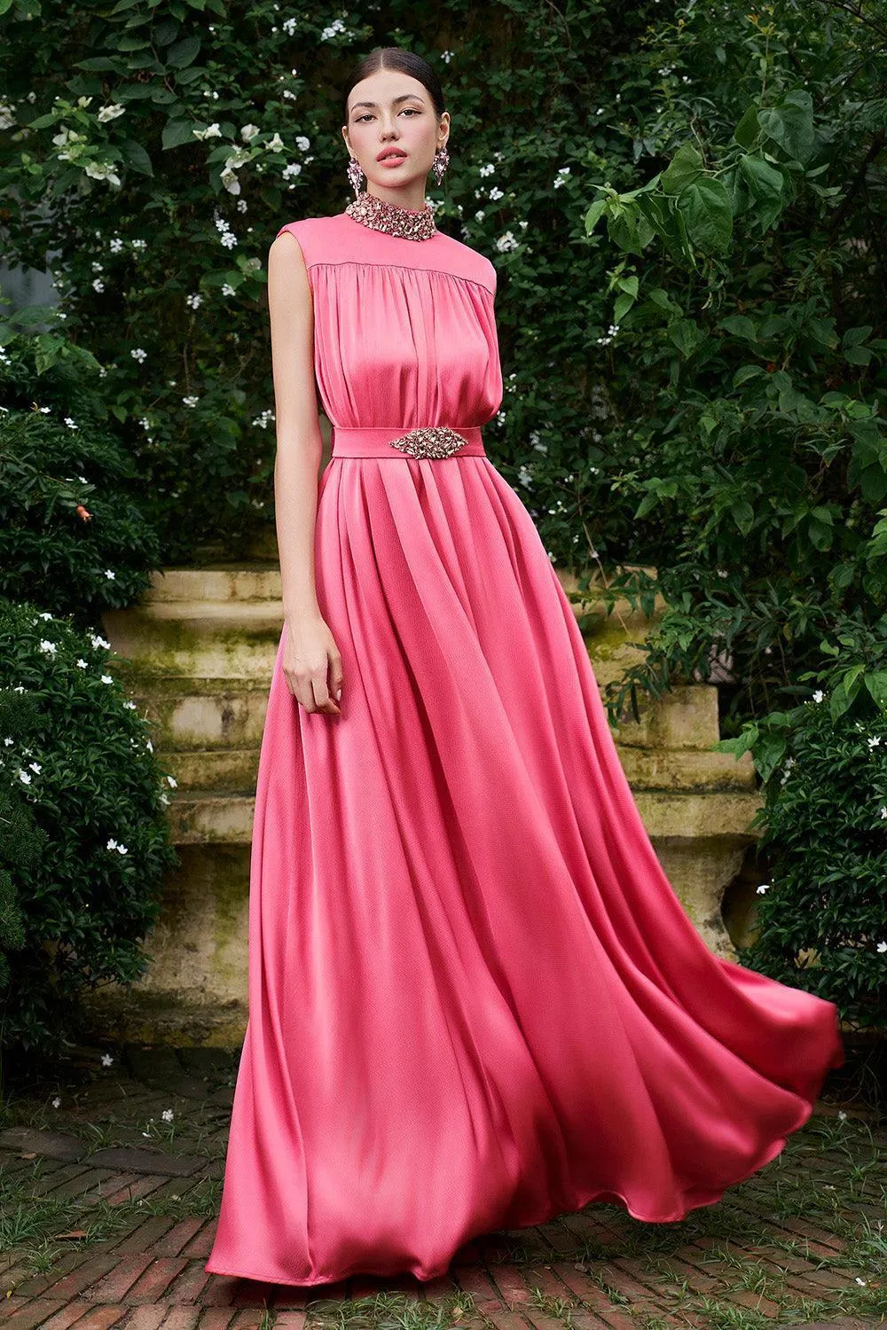 Mendoza Pleated High Neck Poly Silk Floor Length Dress