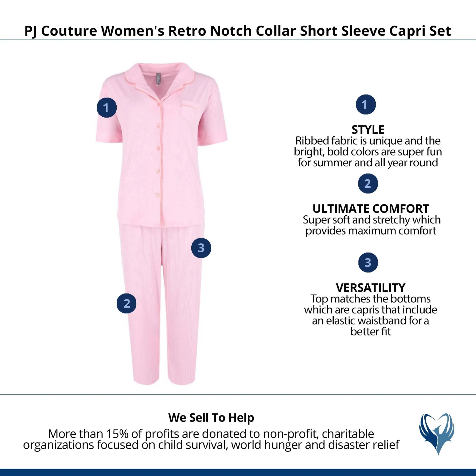 PJ Couture Women's Retro Notch Collar Short Sleeve Capri Set