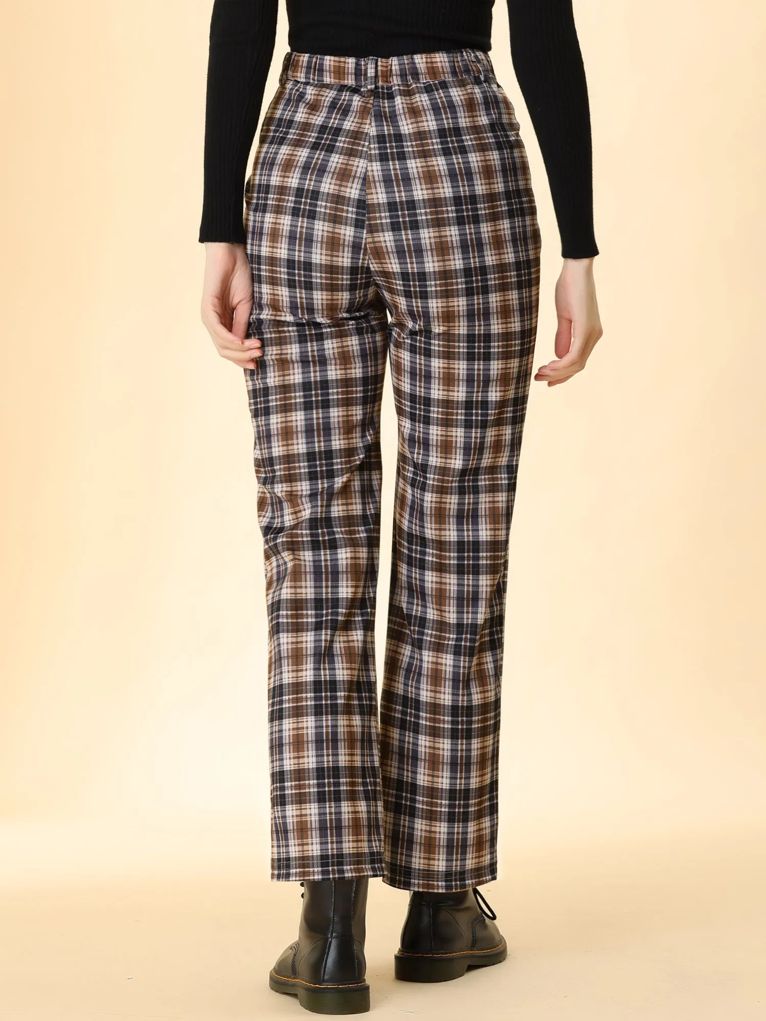 Plaid Cropped Trousers Button Casual Tartan Check Work Pants