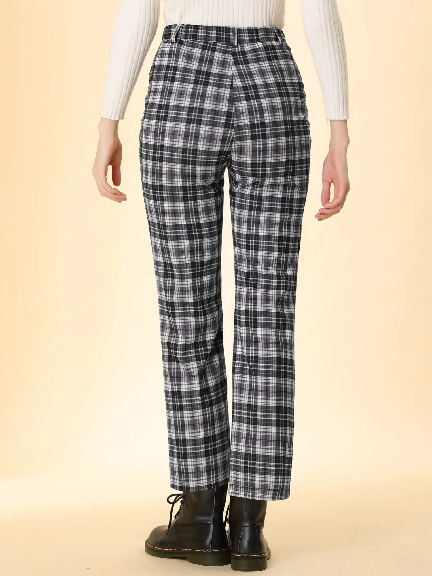 Plaid Cropped Trousers Button Casual Tartan Check Work Pants