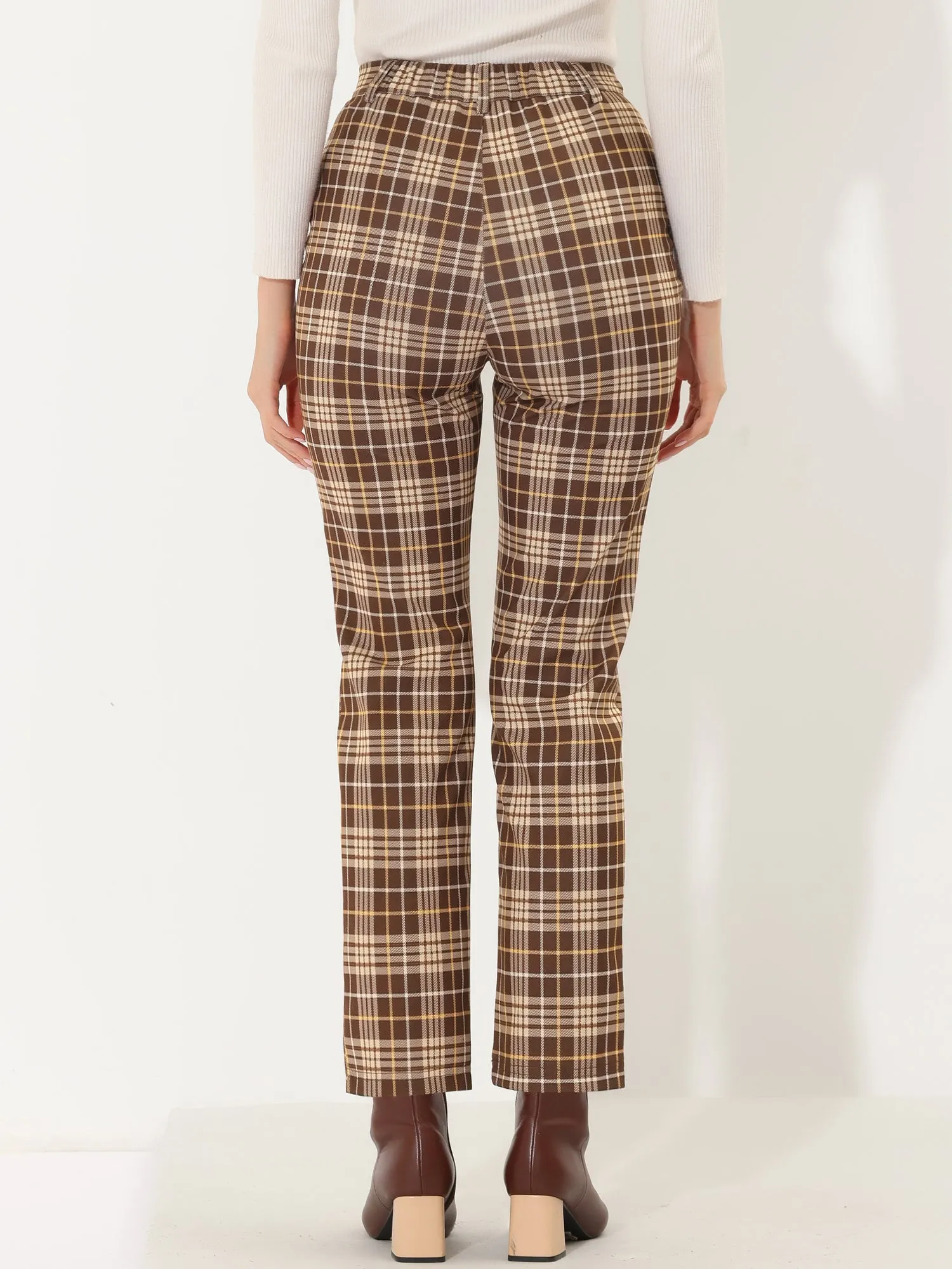 Plaid Cropped Trousers Button Casual Tartan Check Work Pants