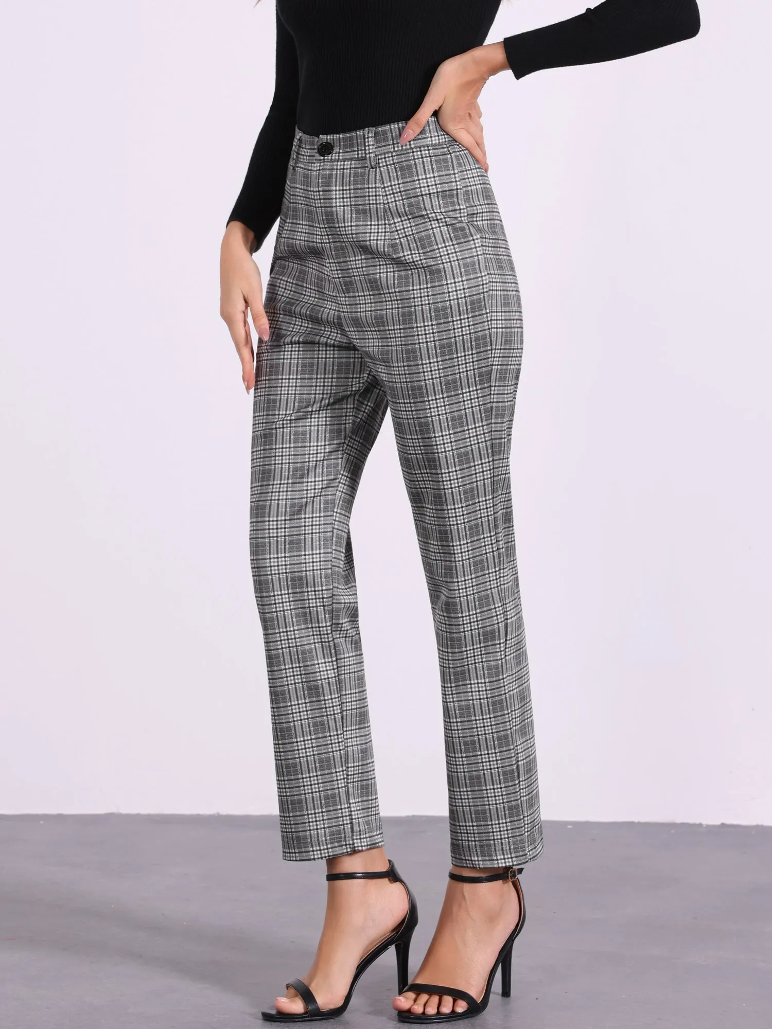 Plaid Cropped Trousers Button Casual Tartan Check Work Pants