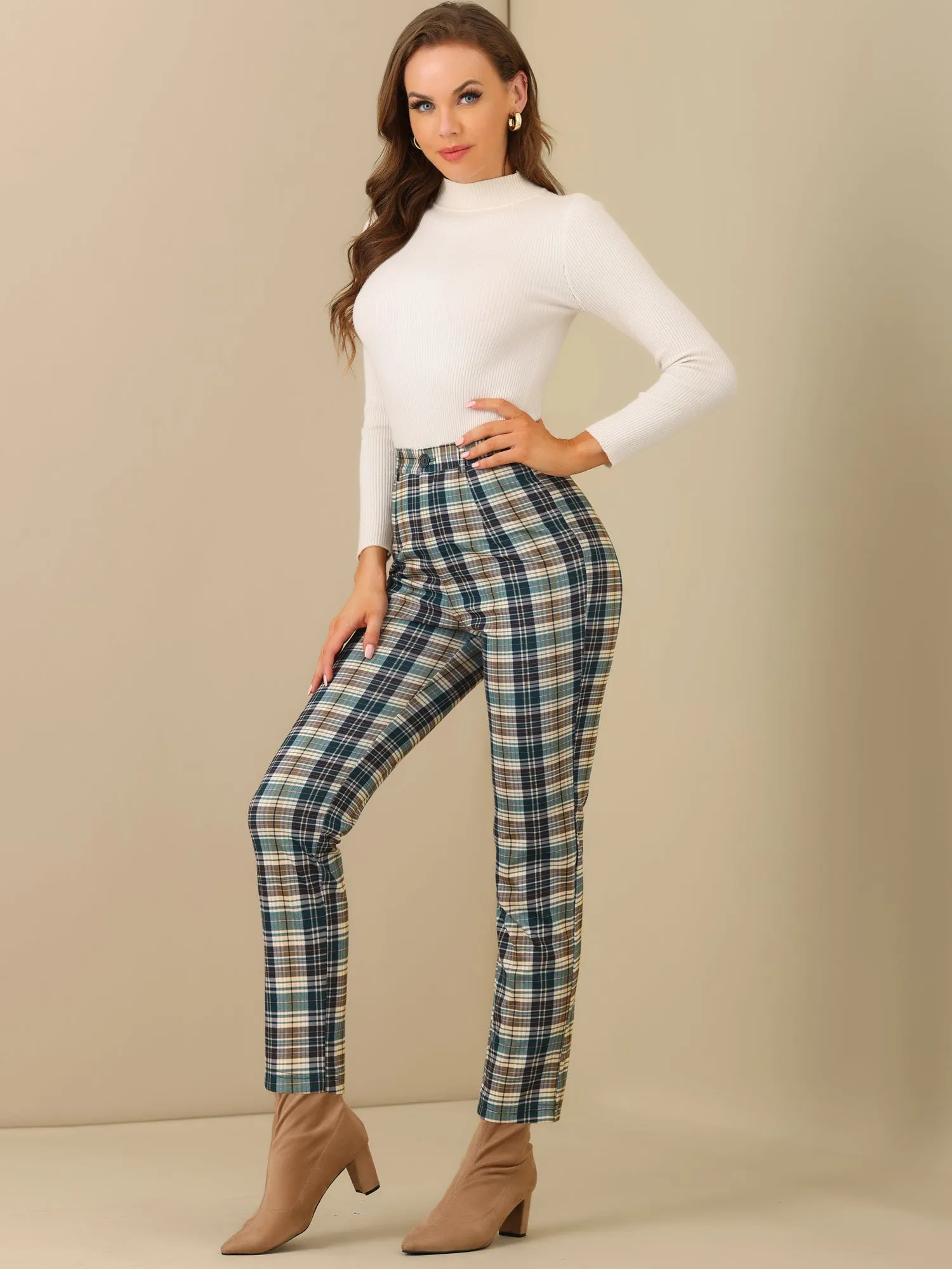 Plaid Cropped Trousers Button Casual Tartan Check Work Pants