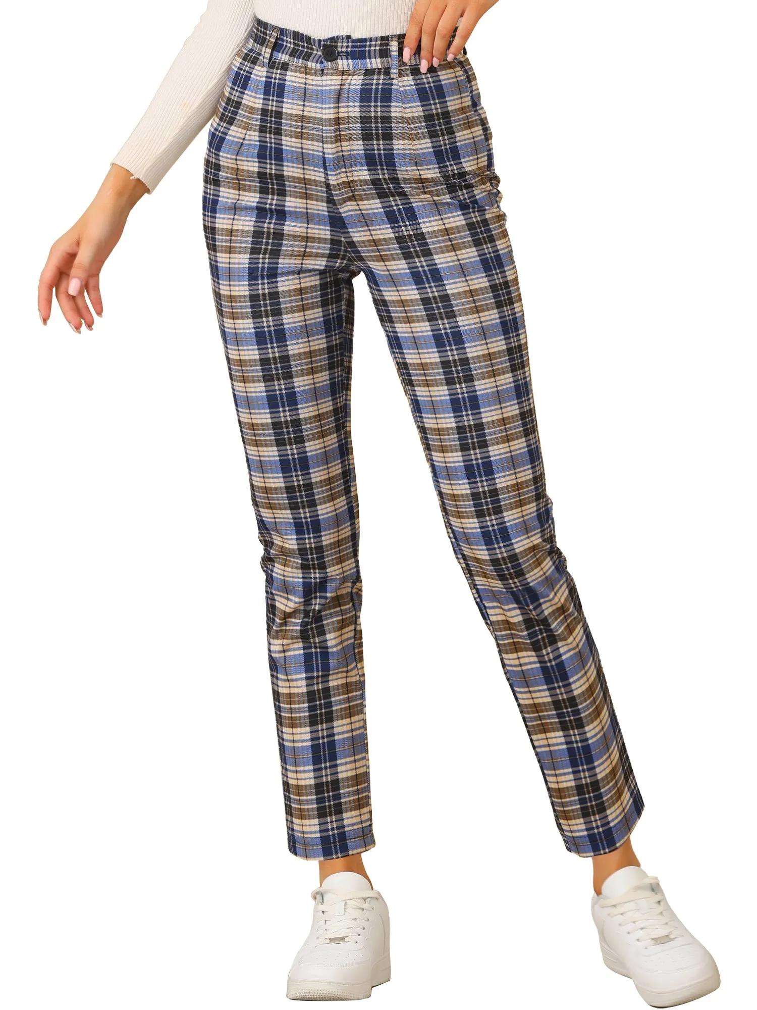 Plaid Cropped Trousers Button Casual Tartan Check Work Pants
