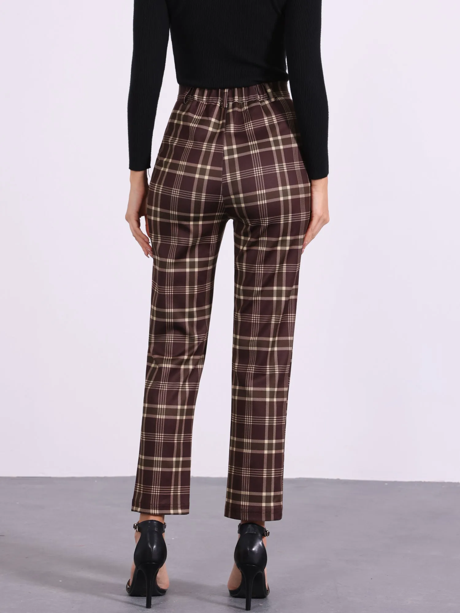 Plaid Cropped Trousers Button Casual Tartan Check Work Pants