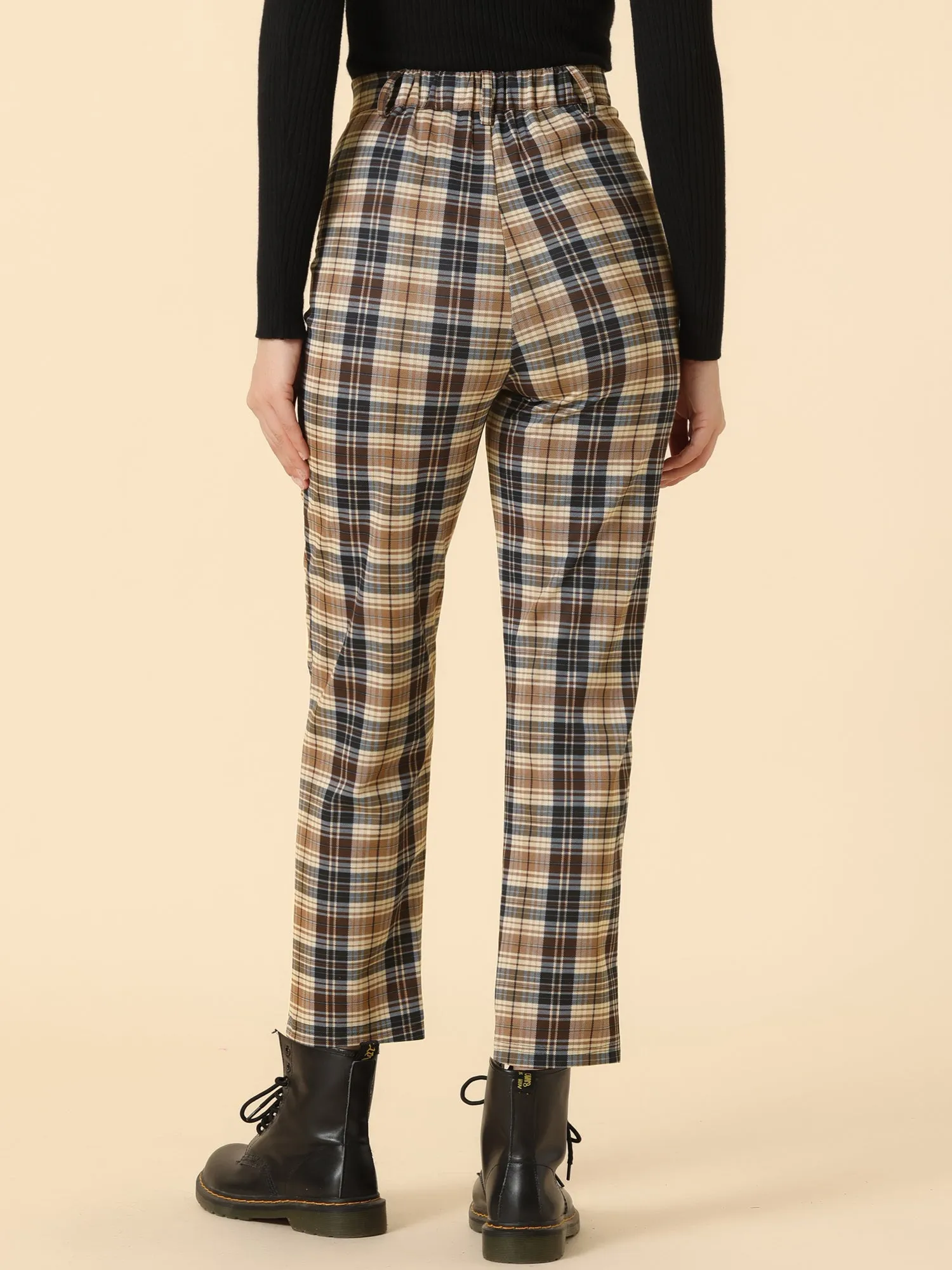 Plaid Cropped Trousers Button Casual Tartan Check Work Pants