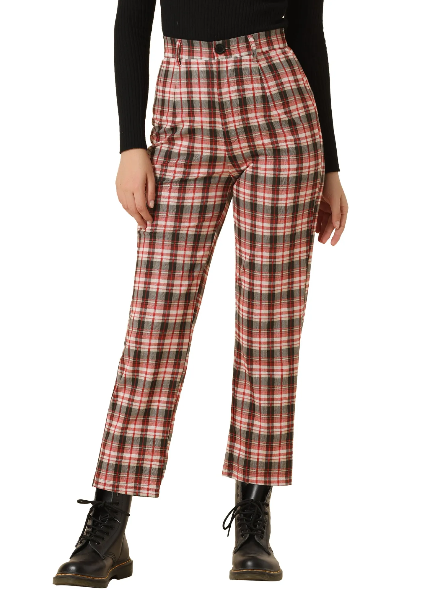 Plaid Cropped Trousers Button Casual Tartan Check Work Pants