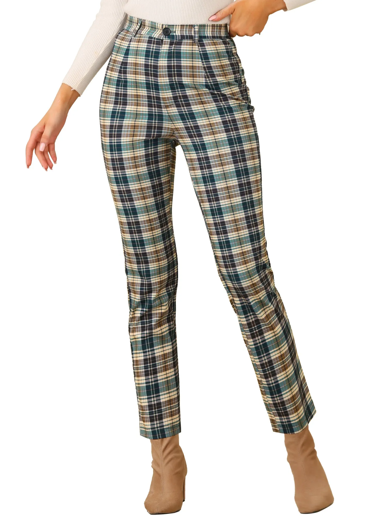 Plaid Cropped Trousers Button Casual Tartan Check Work Pants