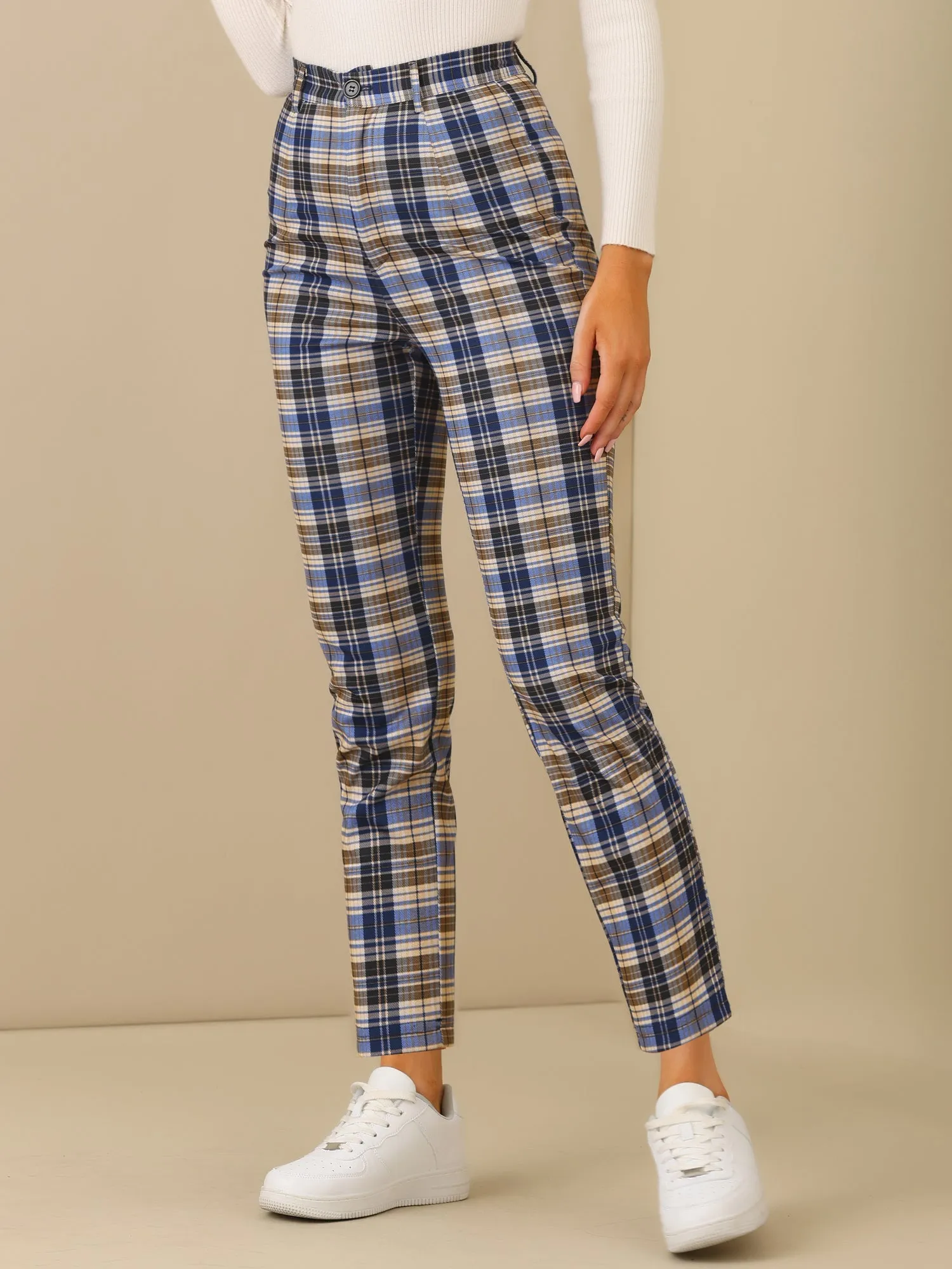 Plaid Cropped Trousers Button Casual Tartan Check Work Pants