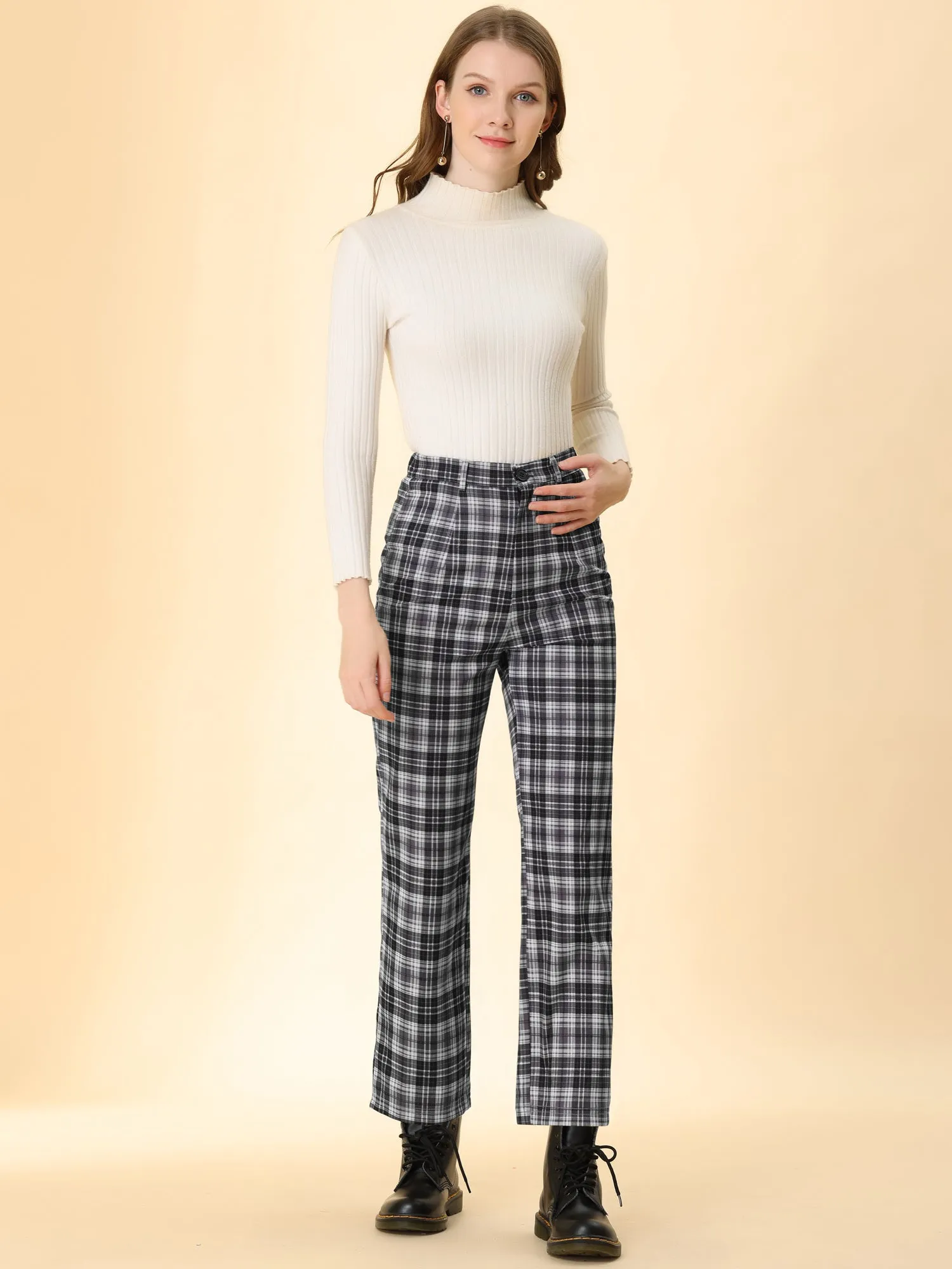 Plaid Cropped Trousers Button Casual Tartan Check Work Pants