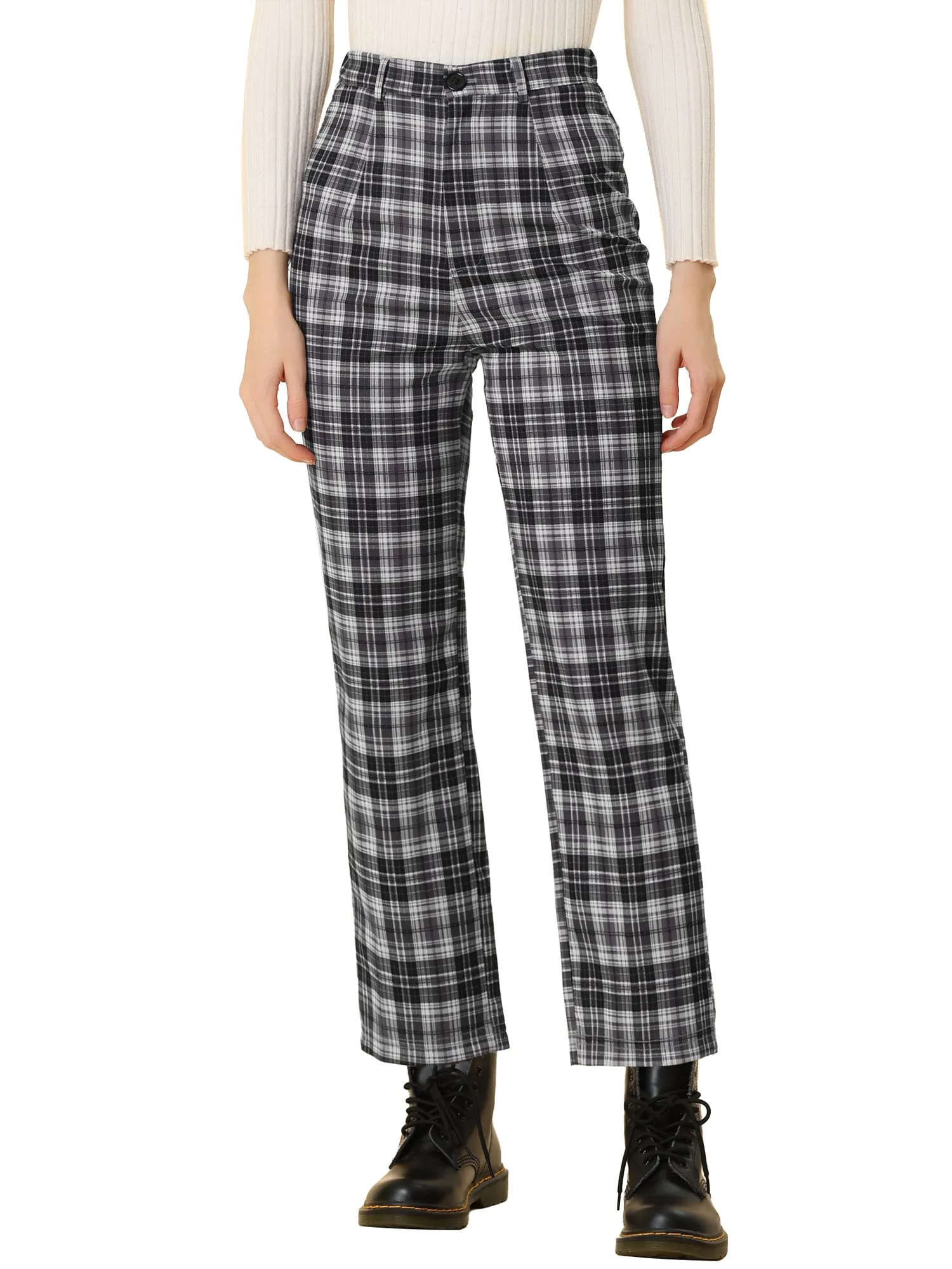 Plaid Cropped Trousers Button Casual Tartan Check Work Pants