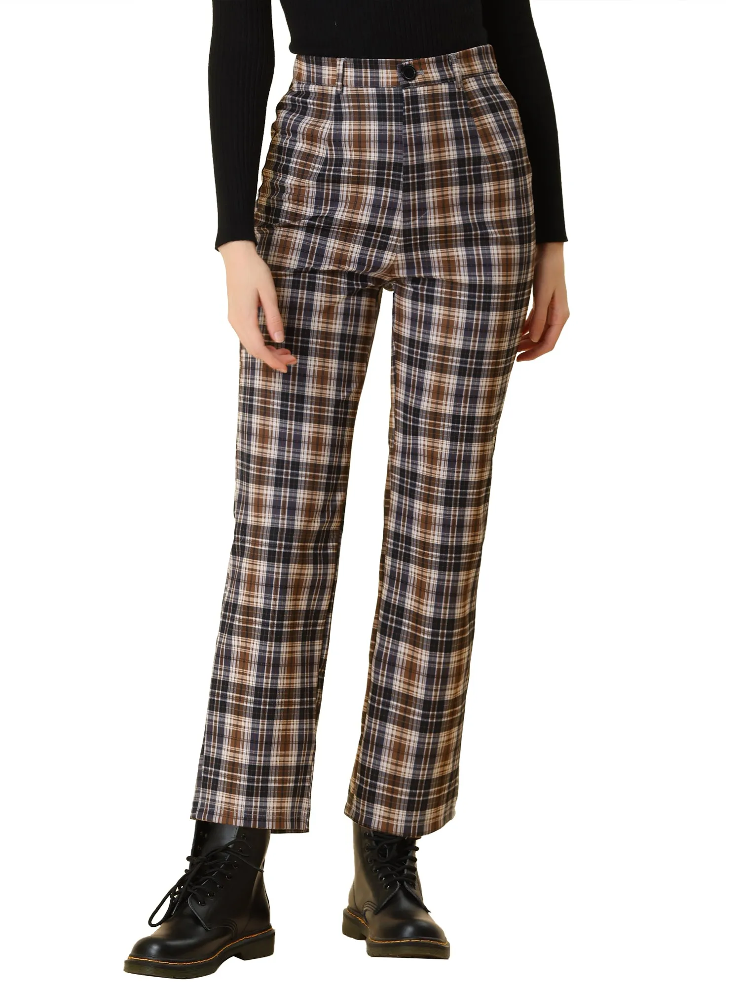 Plaid Cropped Trousers Button Casual Tartan Check Work Pants