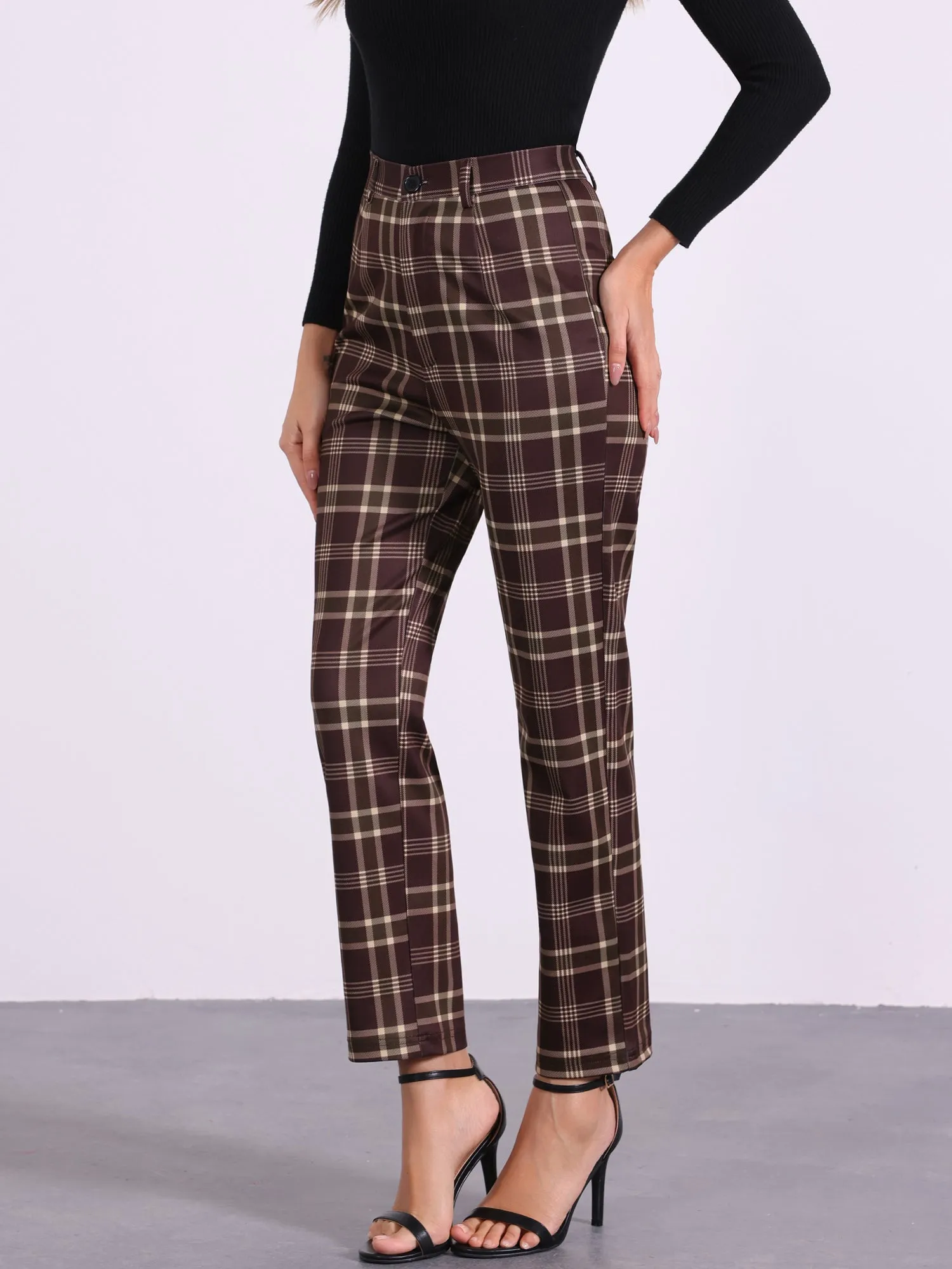 Plaid Cropped Trousers Button Casual Tartan Check Work Pants