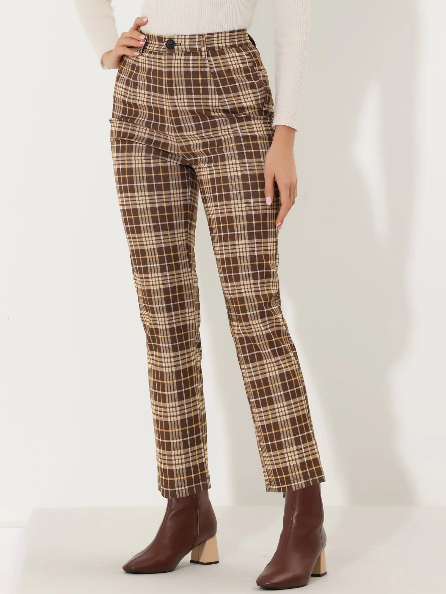 Plaid Cropped Trousers Button Casual Tartan Check Work Pants