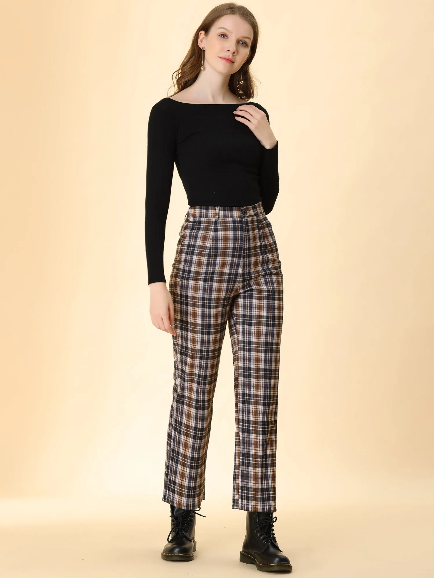 Plaid Cropped Trousers Button Casual Tartan Check Work Pants