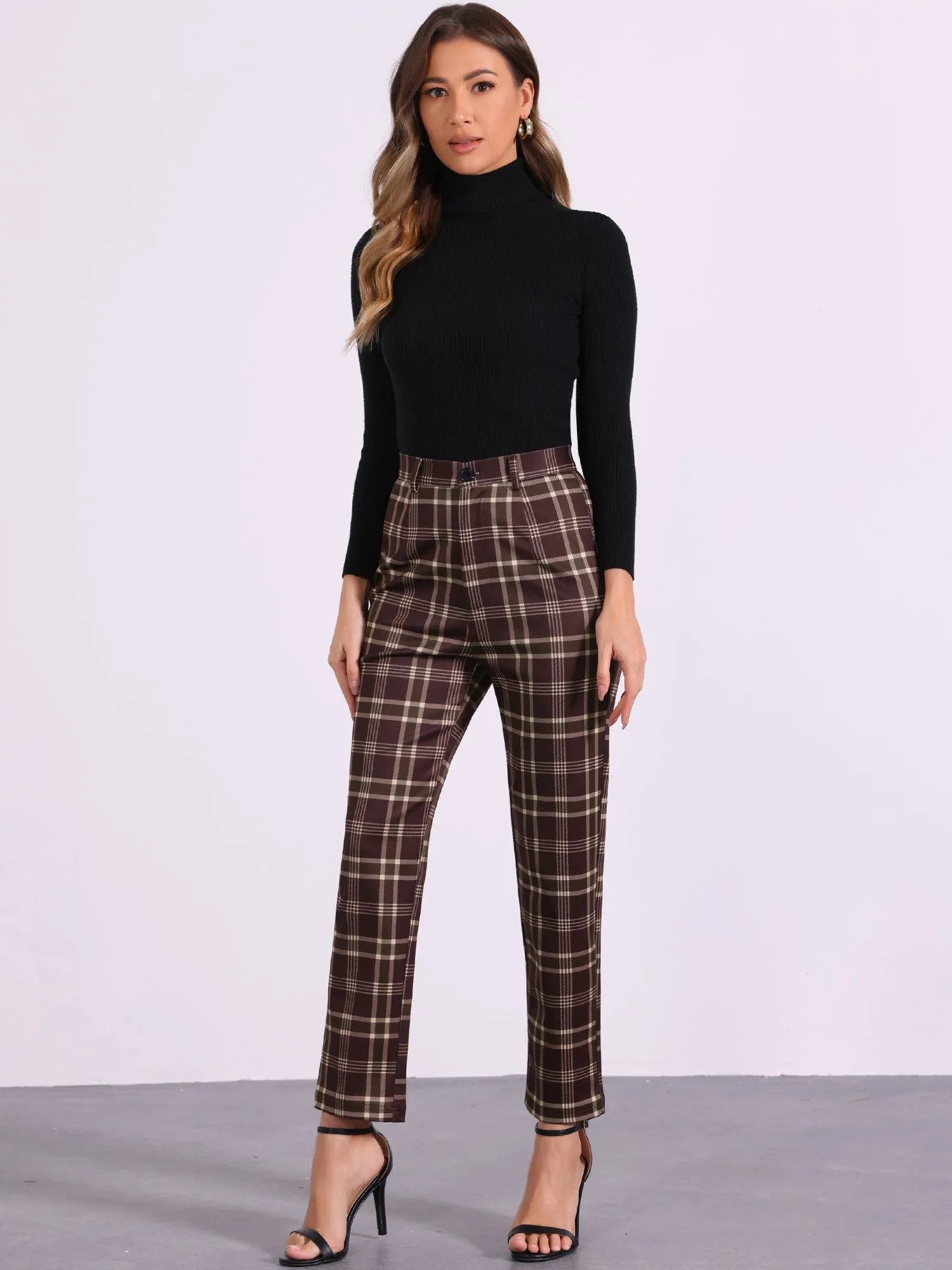 Plaid Cropped Trousers Button Casual Tartan Check Work Pants