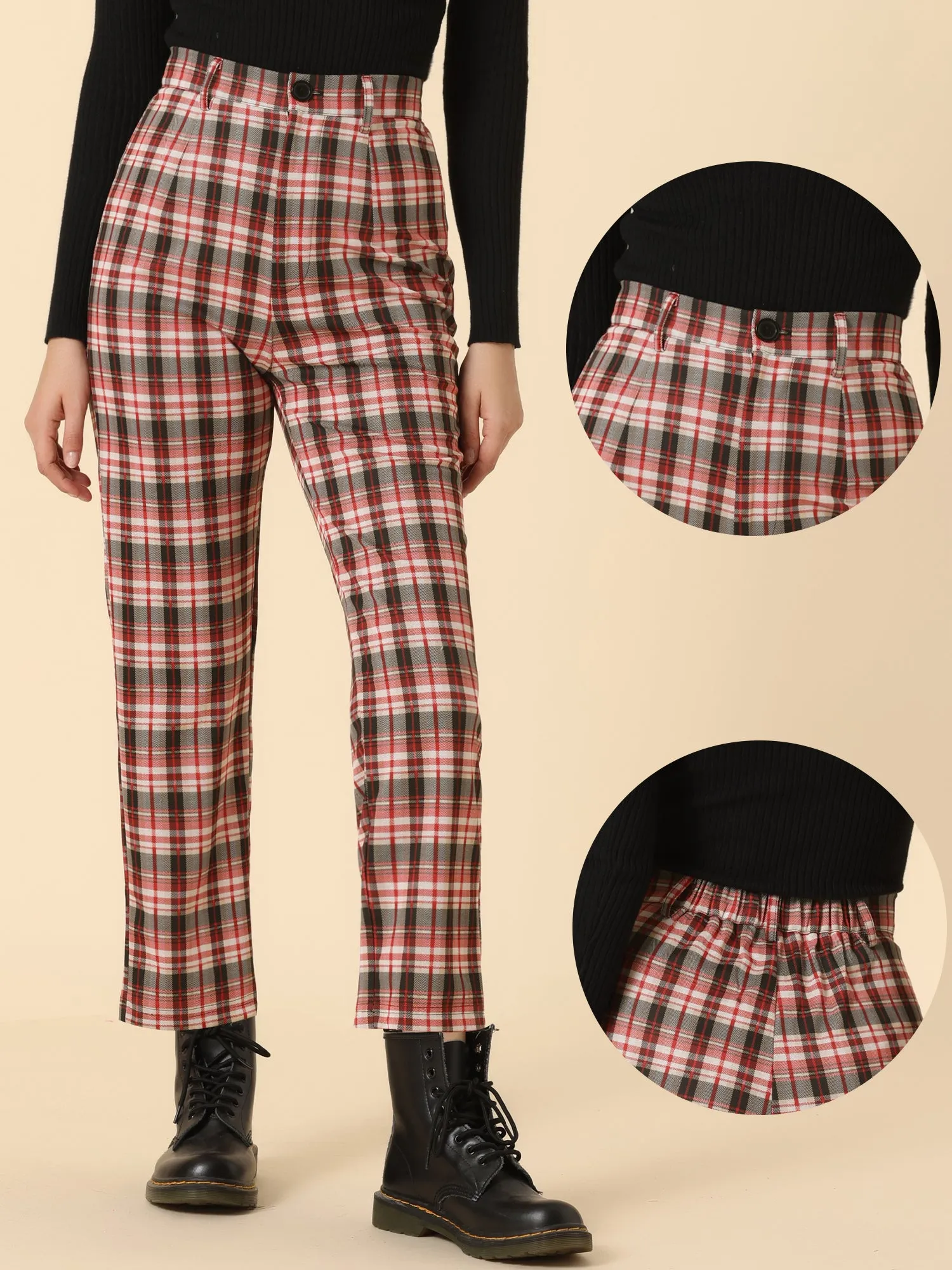 Plaid Cropped Trousers Button Casual Tartan Check Work Pants