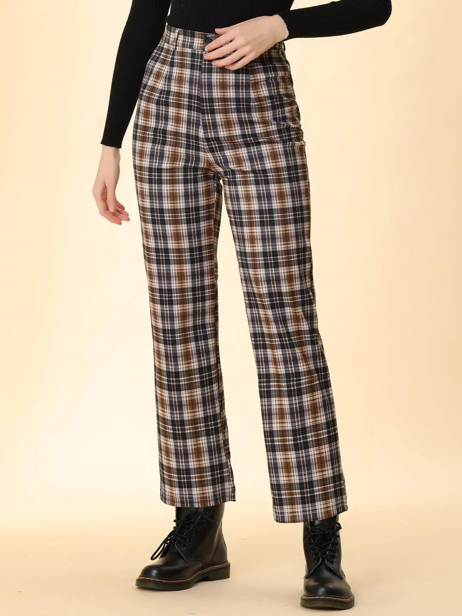 Plaid Cropped Trousers Button Casual Tartan Check Work Pants