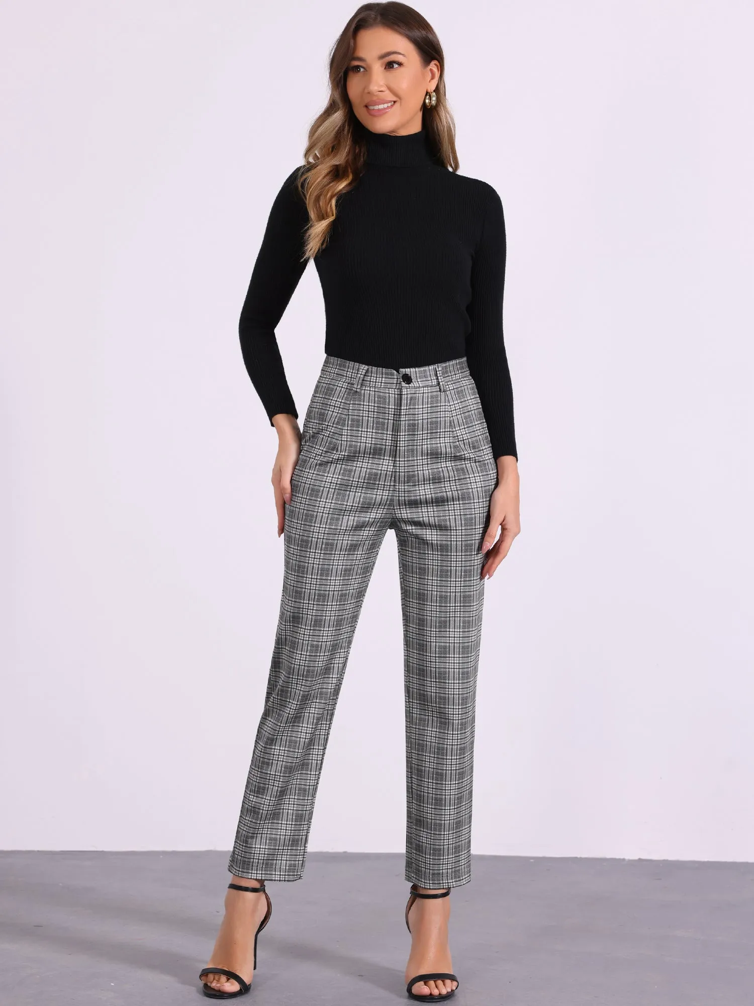 Plaid Cropped Trousers Button Casual Tartan Check Work Pants