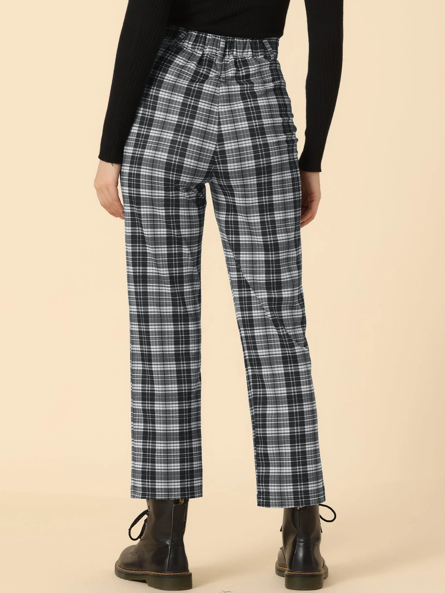 Plaid Cropped Trousers Button Casual Tartan Check Work Pants