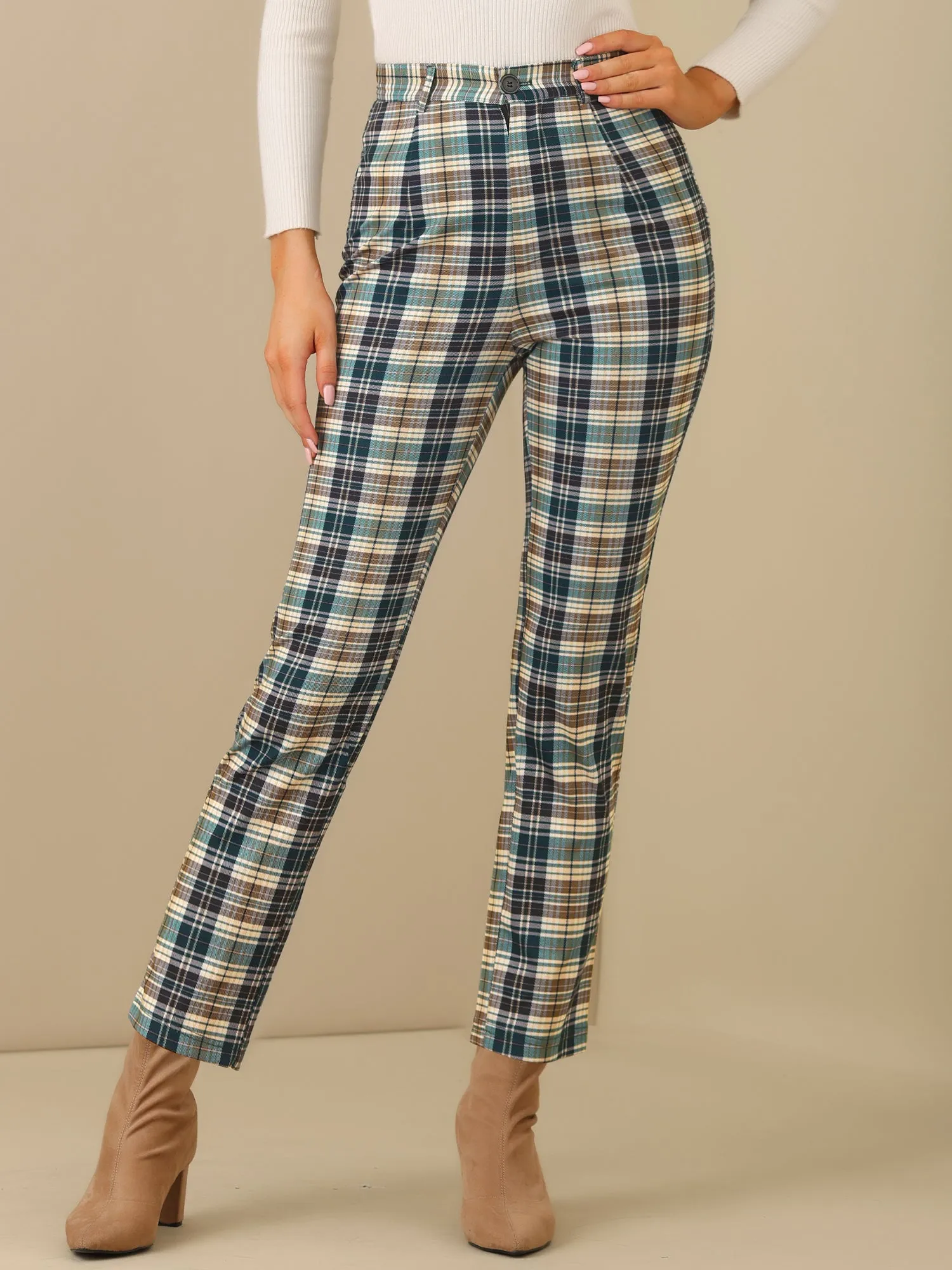 Plaid Cropped Trousers Button Casual Tartan Check Work Pants