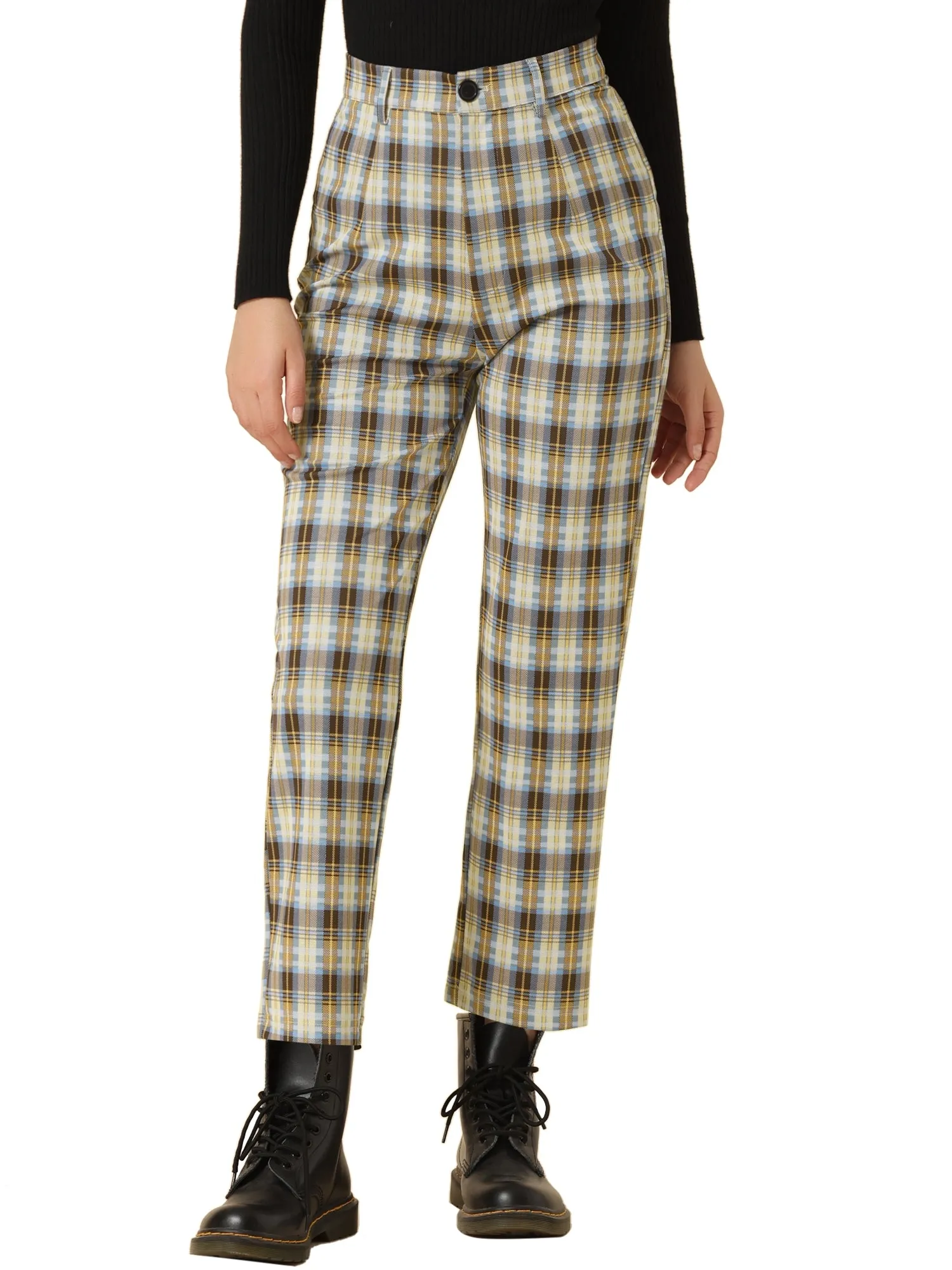 Plaid Cropped Trousers Button Casual Tartan Check Work Pants