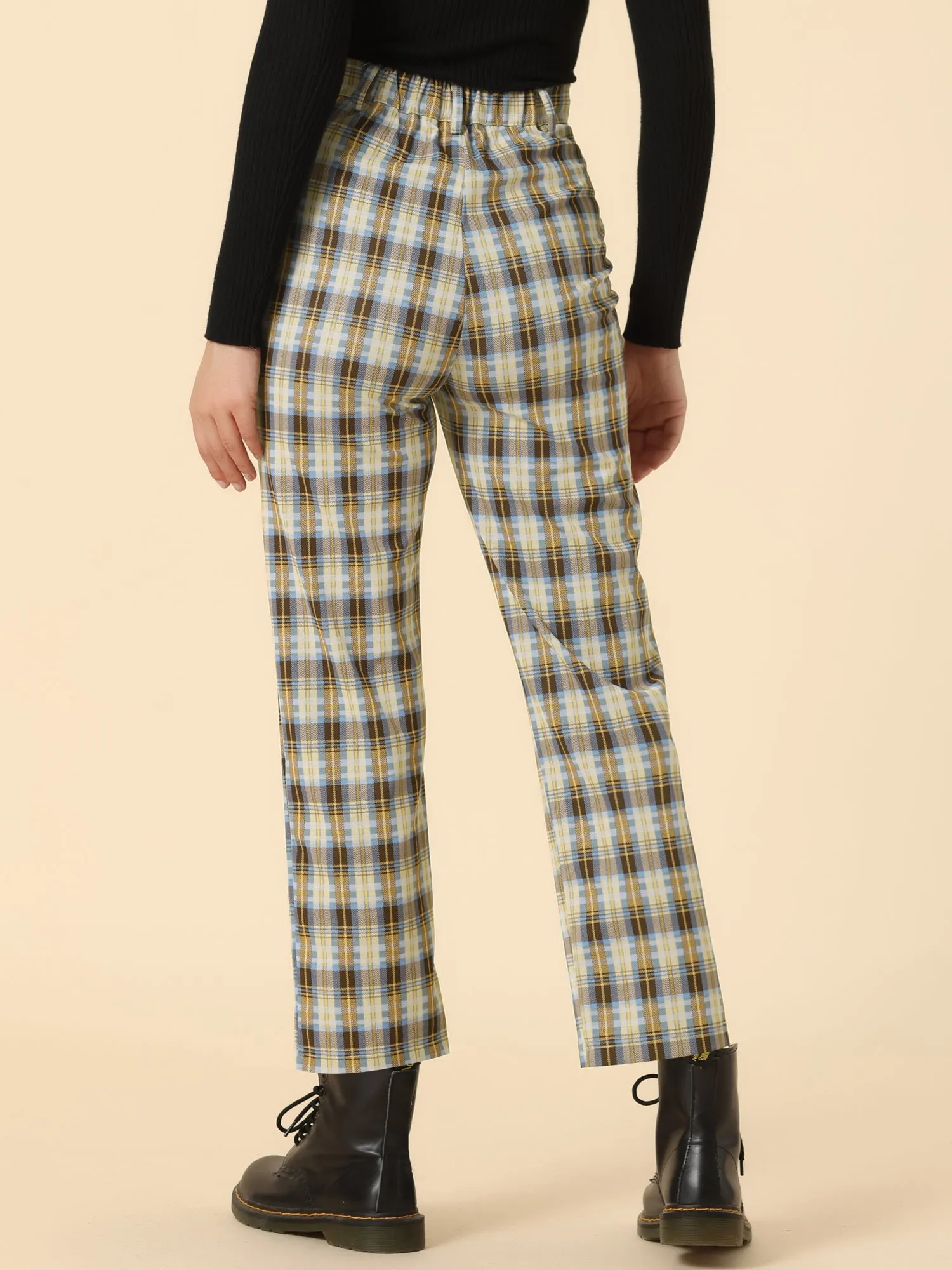 Plaid Cropped Trousers Button Casual Tartan Check Work Pants