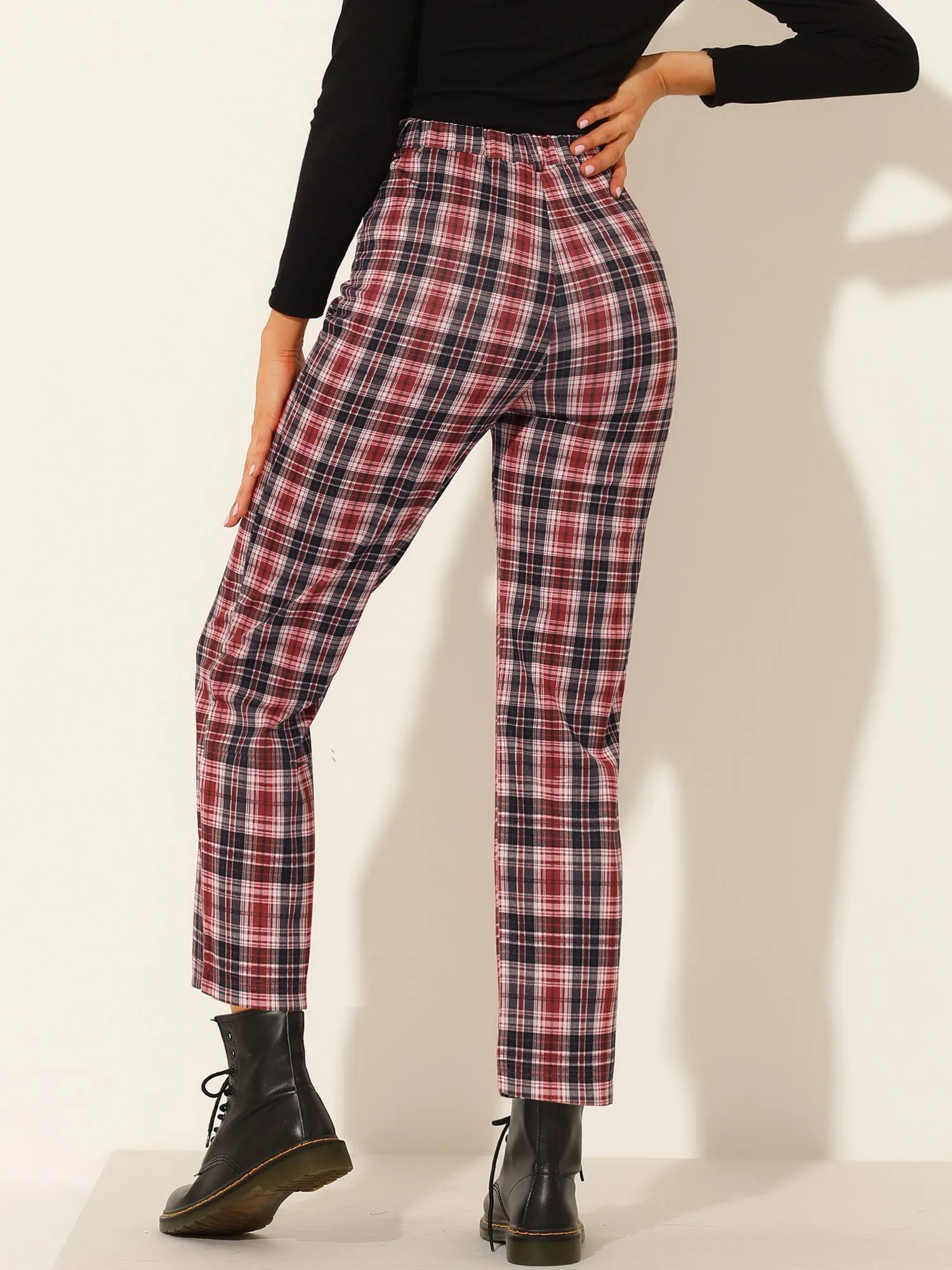 Plaid Cropped Trousers Button Casual Tartan Check Work Pants